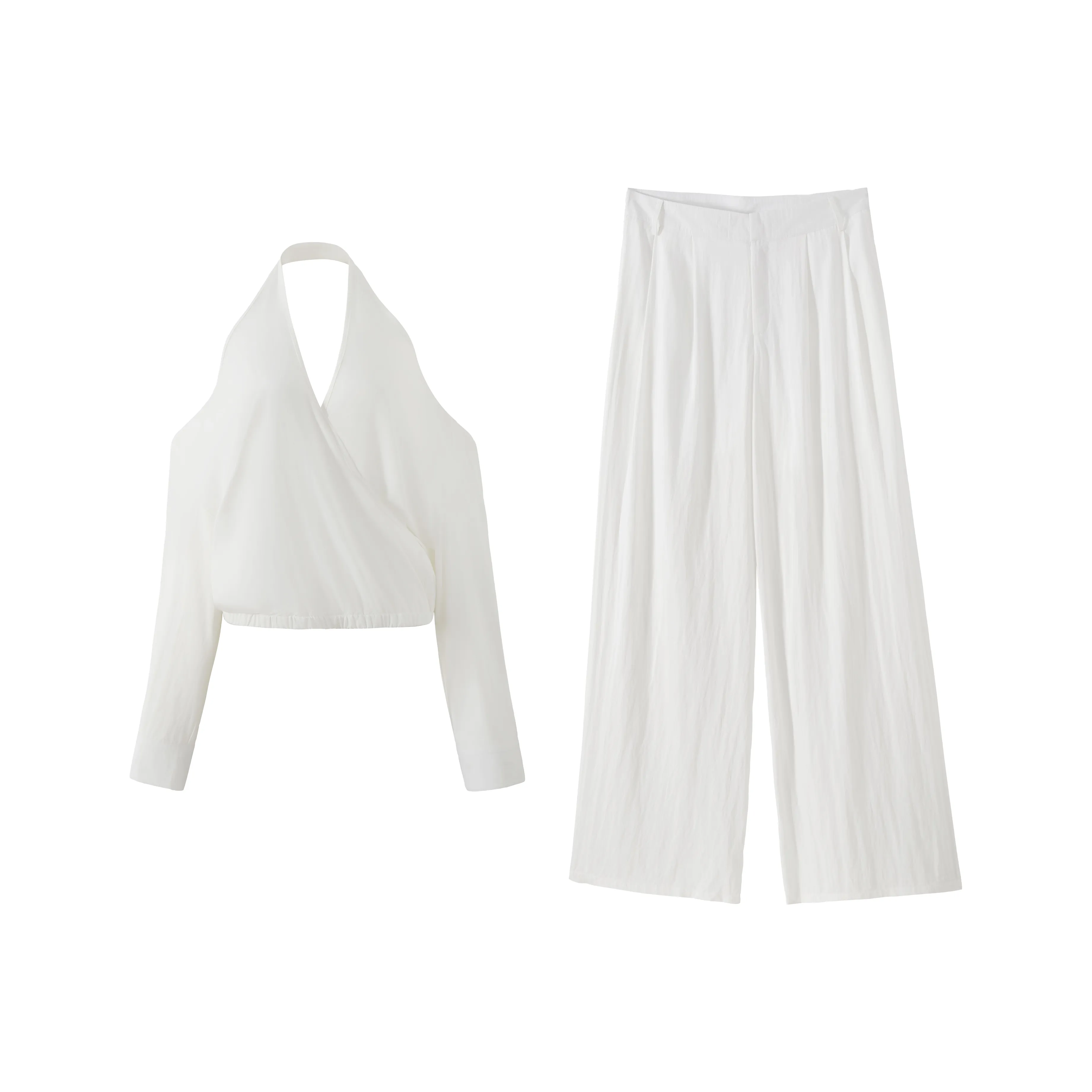 KAZAN Белый Повседневный Костюм V-образный вырез, с открытыми плечами, Топ + Брюки-клеш Женские Повседневные костюмы