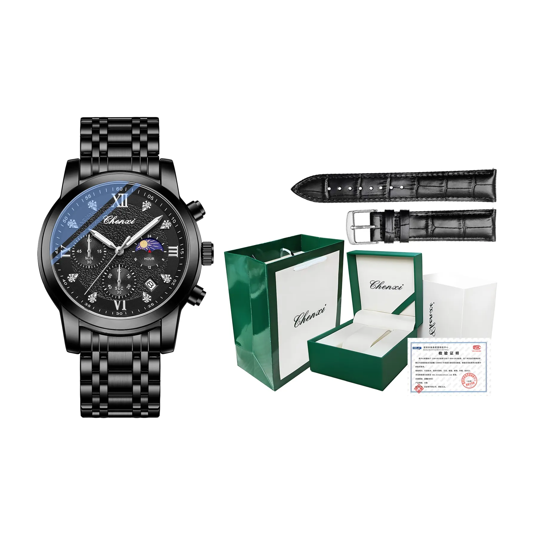 CHENXI Кварцевый механизм ремешок из нержавеющей стали черный циферблат мужские часы