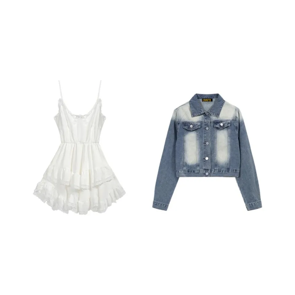 ONNFB Синий деним + Белый Платье-камзол Женские Комплекты с юбкой