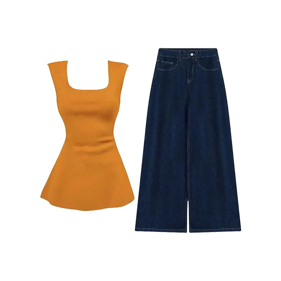 MARIE·COCO Апельсиновый топ + брюки Женские повседневные костюмы