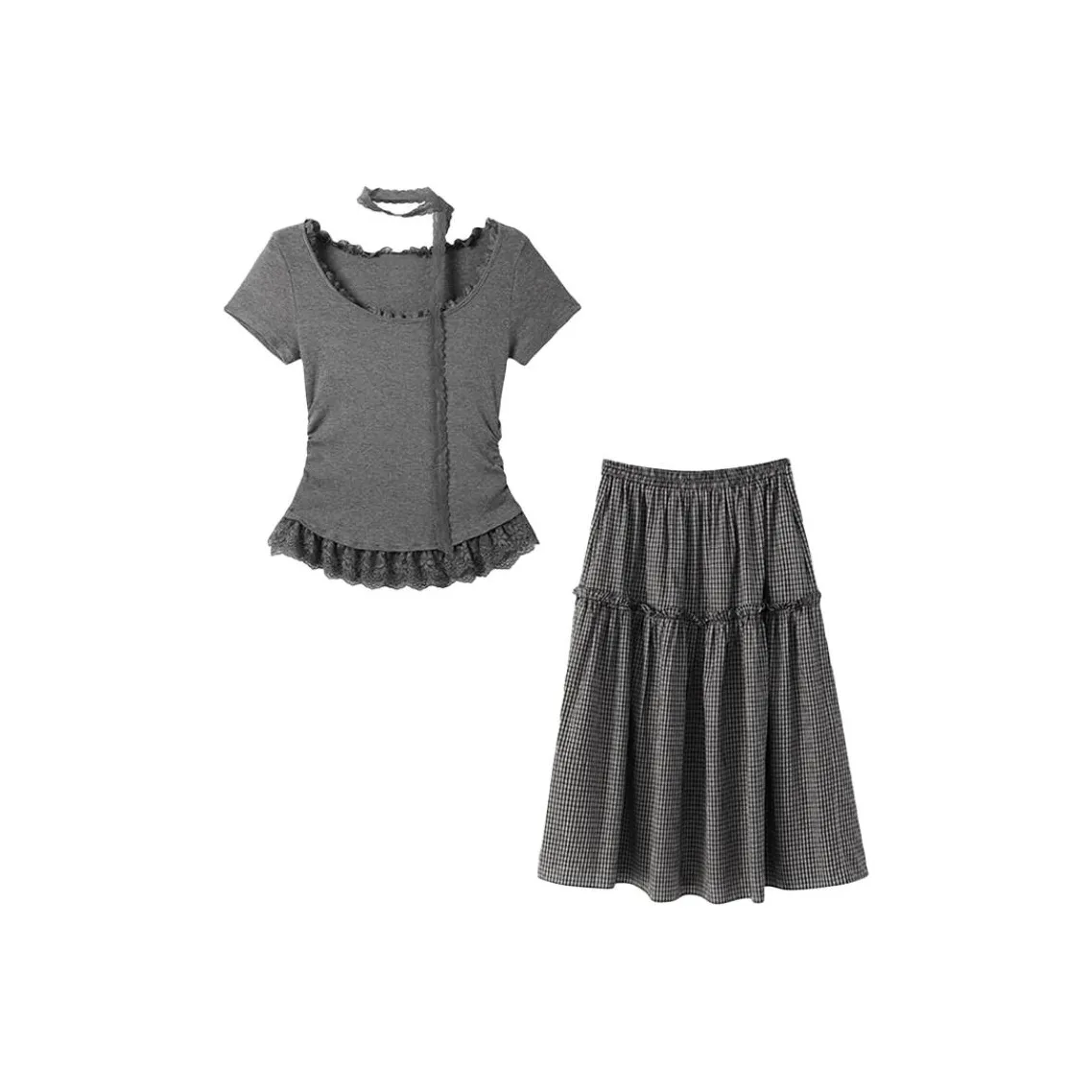 SYEEE WITH U Серый топ + Черная клетка юбка, одежда, комплекты женские с юбкой
