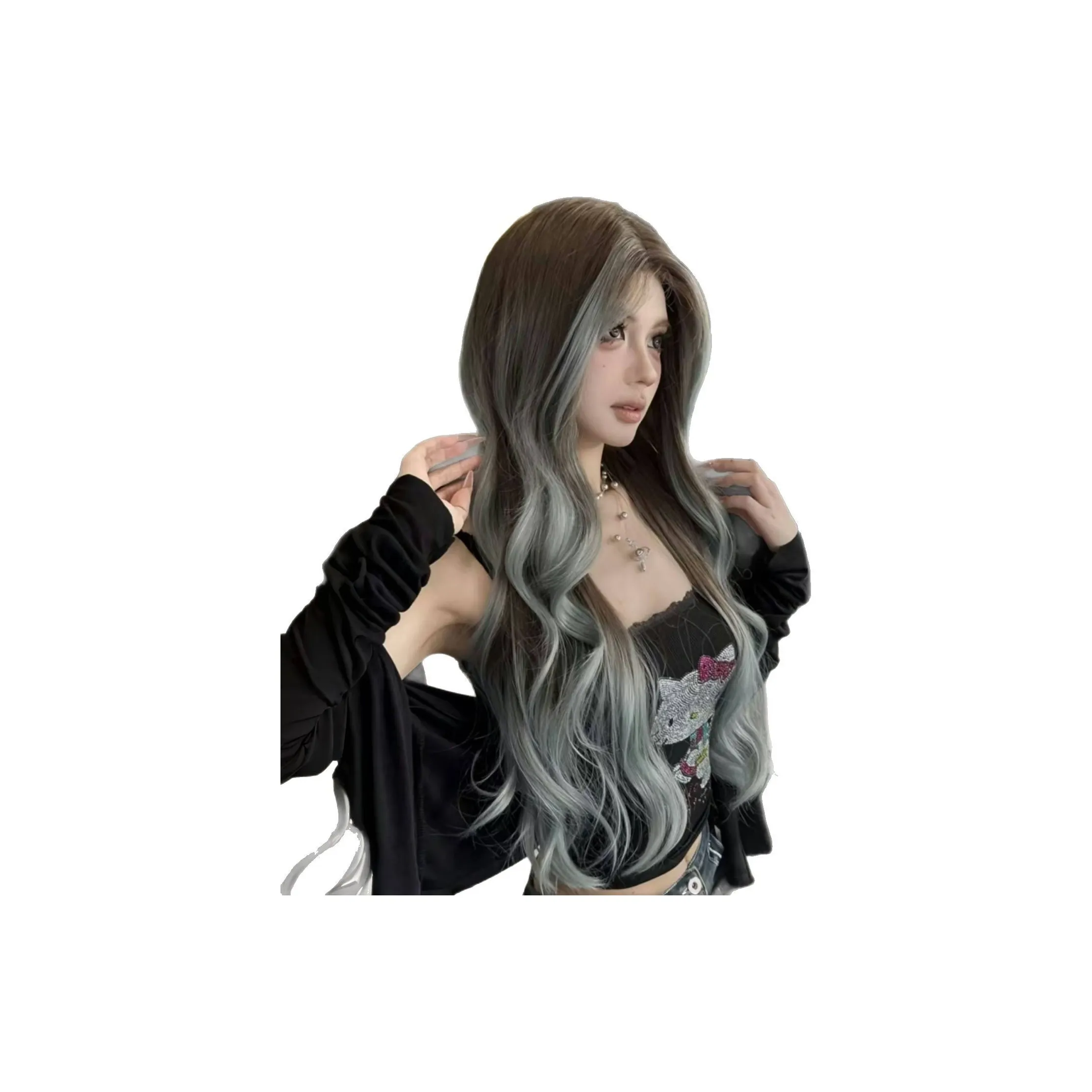 FYOSEE Перука Женская Ледяной Синий Балаяж Длинные Волосы CENTER Часть Естественный Искусственный Кожа Головы