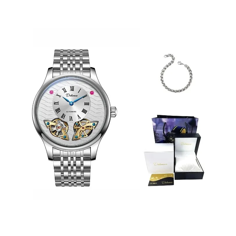 Dulunwe Автоматический Механический Механизм Нержавеющая Сталь Ремешок Часы Мужские Белый Циферблат