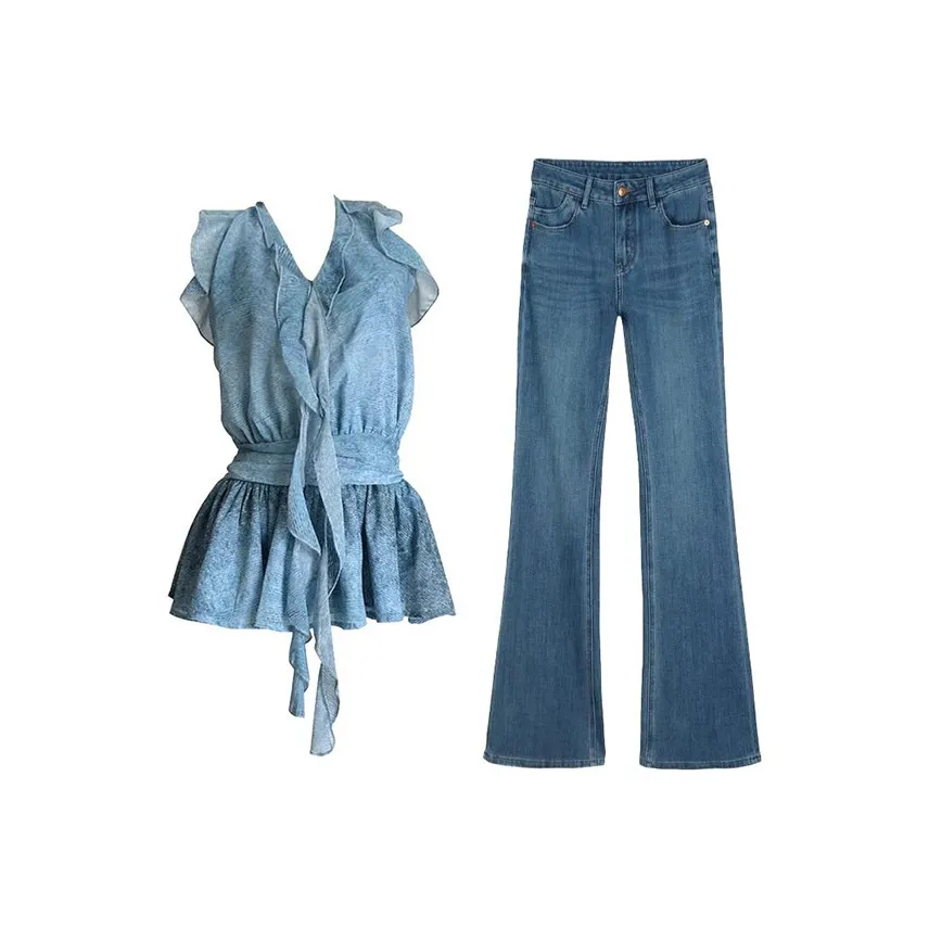 MARIE·COCO Синий топ + Брюки Женские Повседневные костюмы