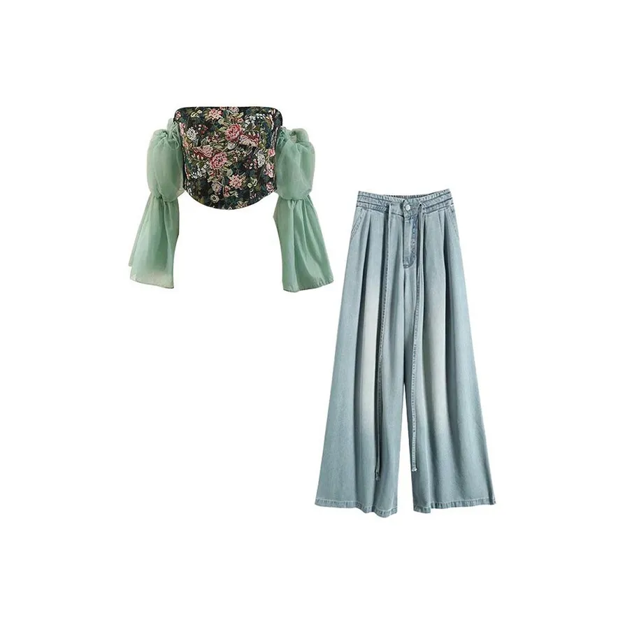 MARIE·COCO Зеленый Топ + Джинсы Женские Повседневные Костюмы