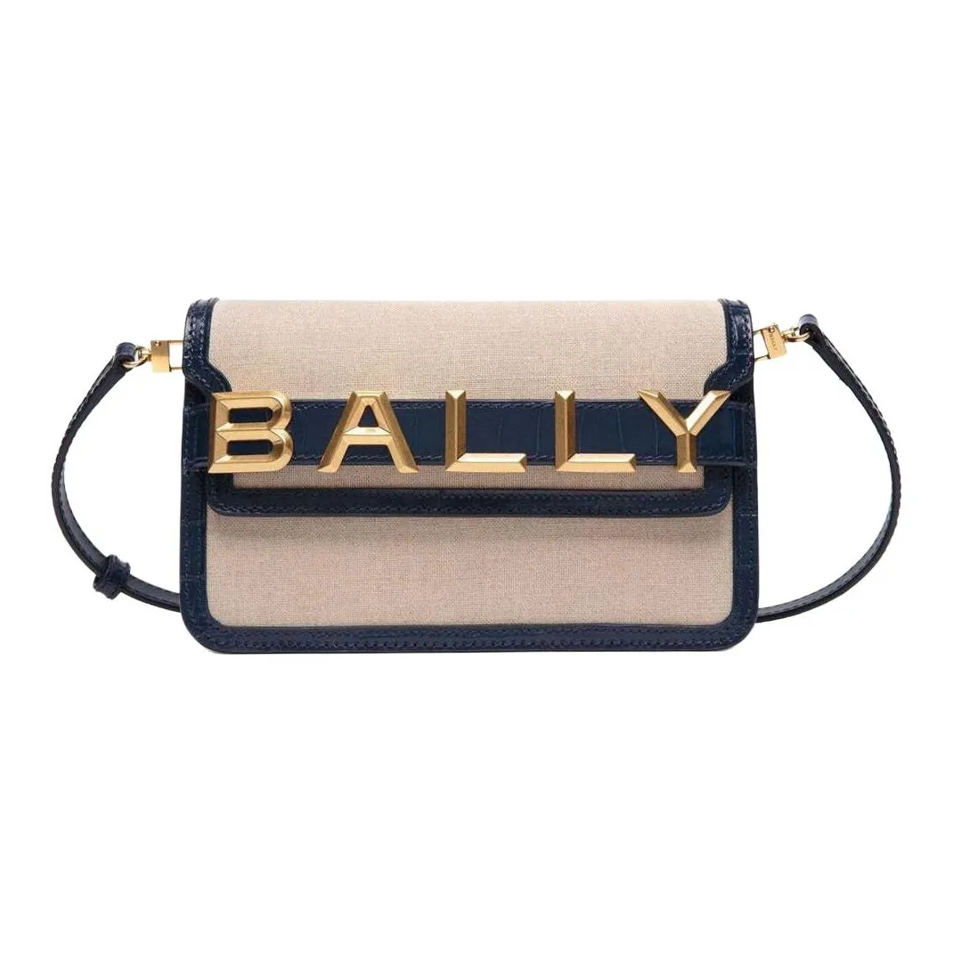 BALLY Embossed Cow Leather Shoulder Bag, Crossbody Bag Women's Beige & Sea Blue