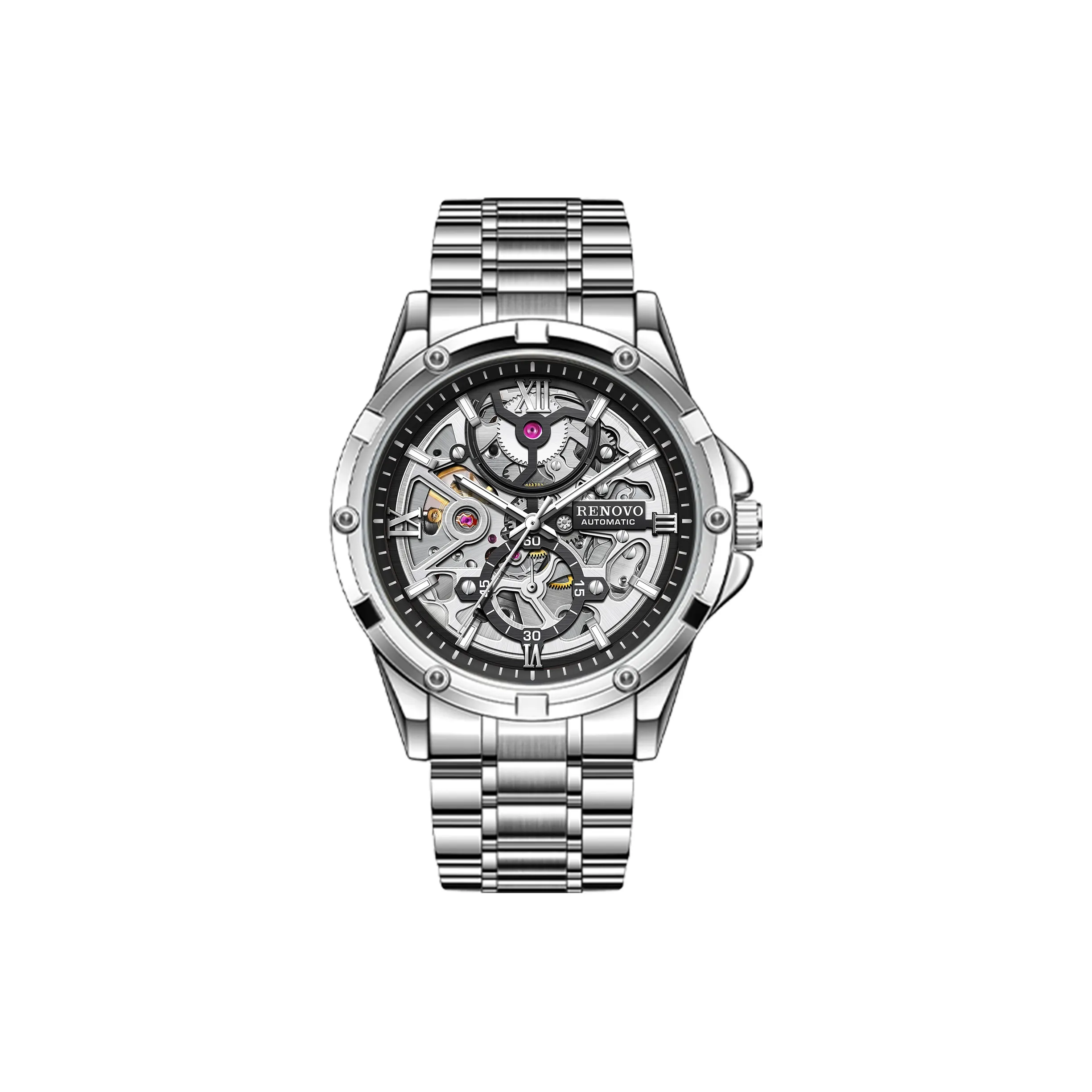 RENOVO Hardcore Movement Collection Автоматический Механический Механизм Металлический Ремешок Часы Унисекс Циферблат с Черепом