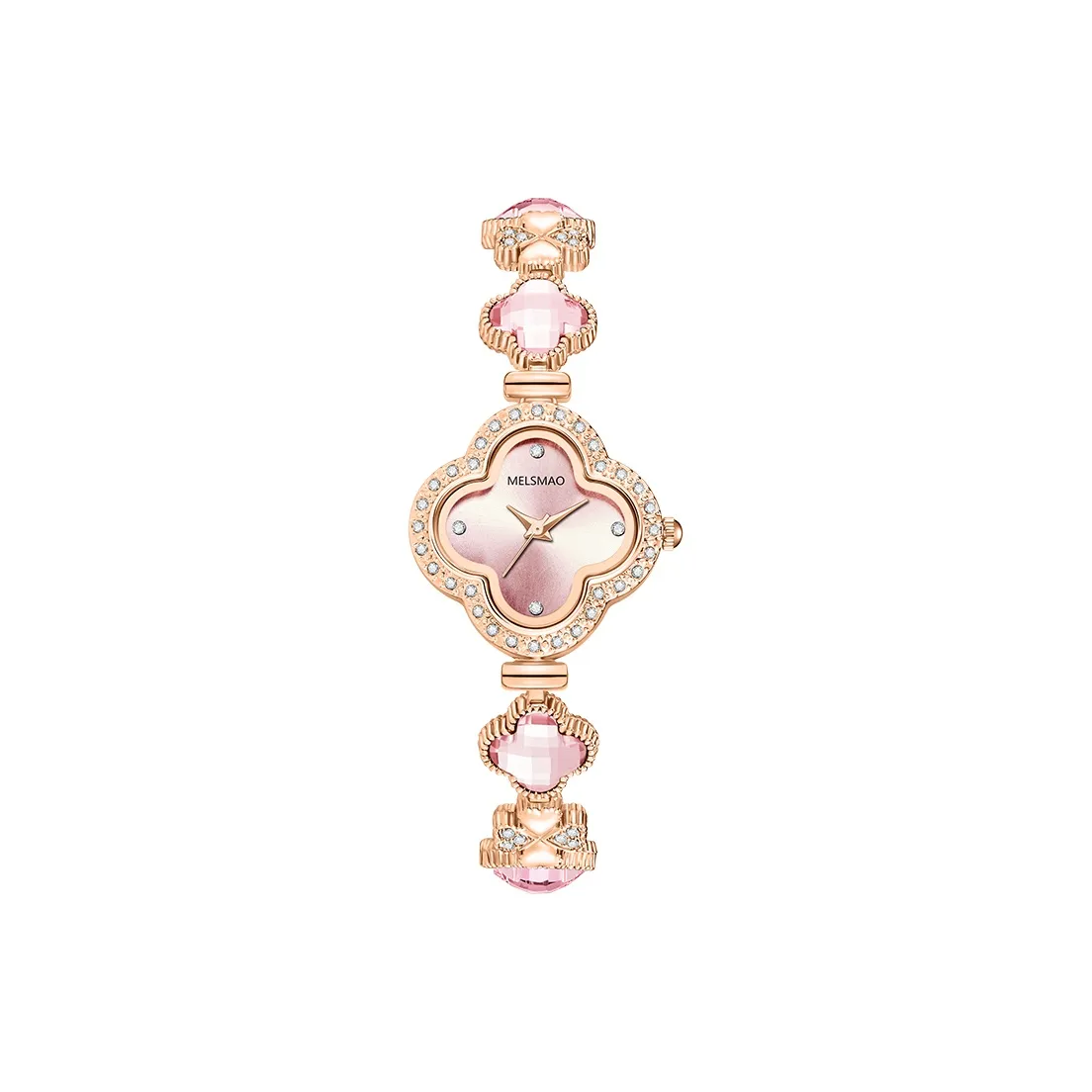 MELSMAO Four Leaf Clover Кварцевый механизм Нержавеющая сталь Ремешок Часы Женские Розовый циферблат часов