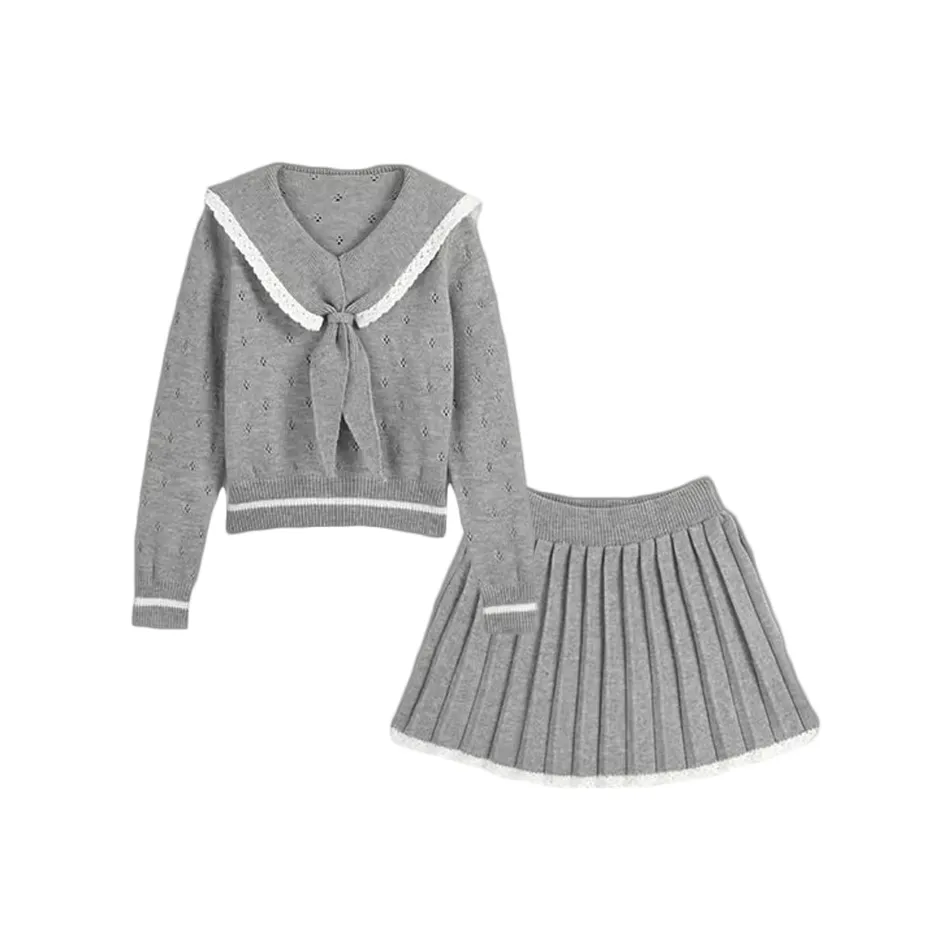 AURORA MUSE Серый Трикотажный Топ + Серый Плиссированная Юбка Женские Юбочные Комплекты