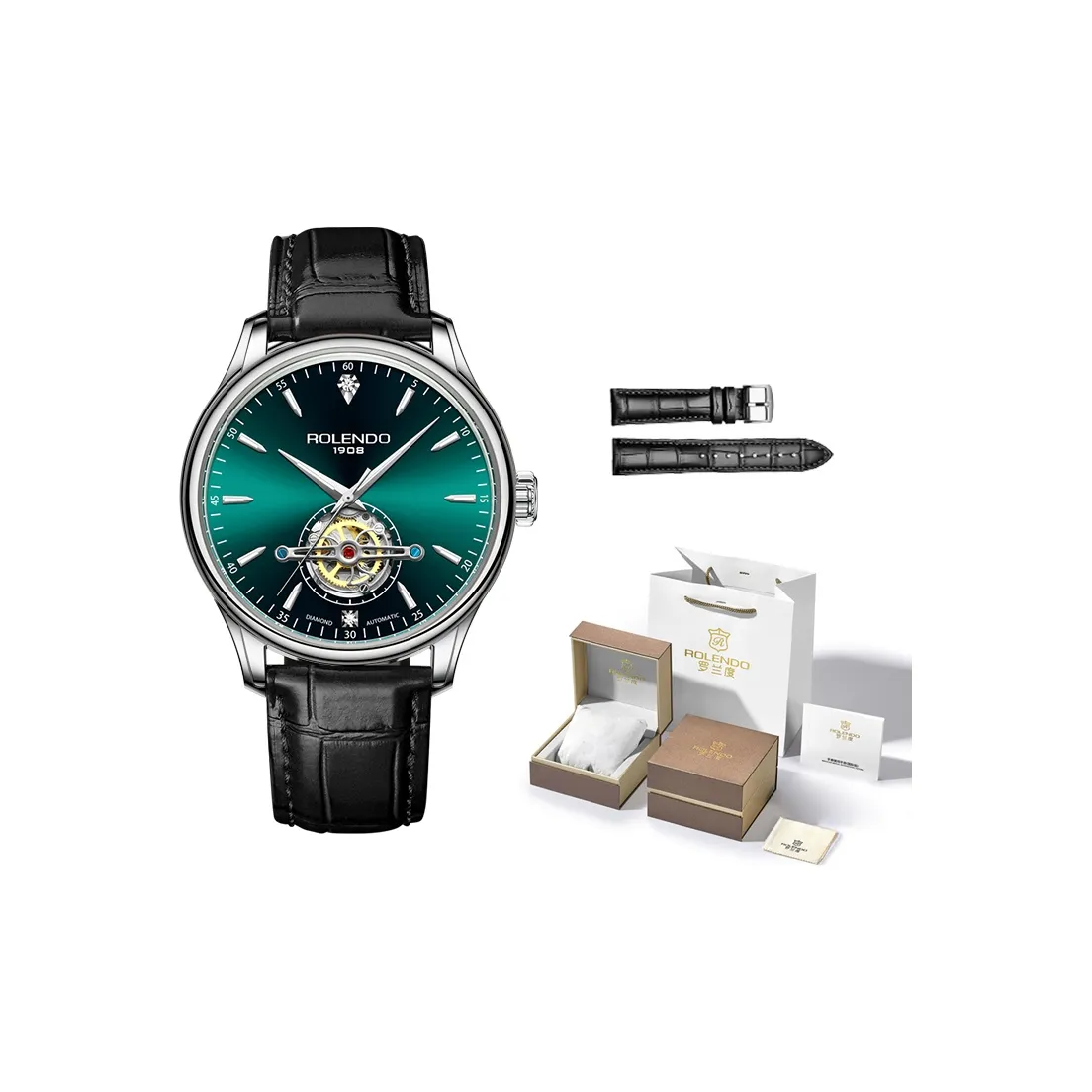 ROLENDO R Механическое устройство часы с ремешком из коровьей кожи зеленый циферблат мужские часы