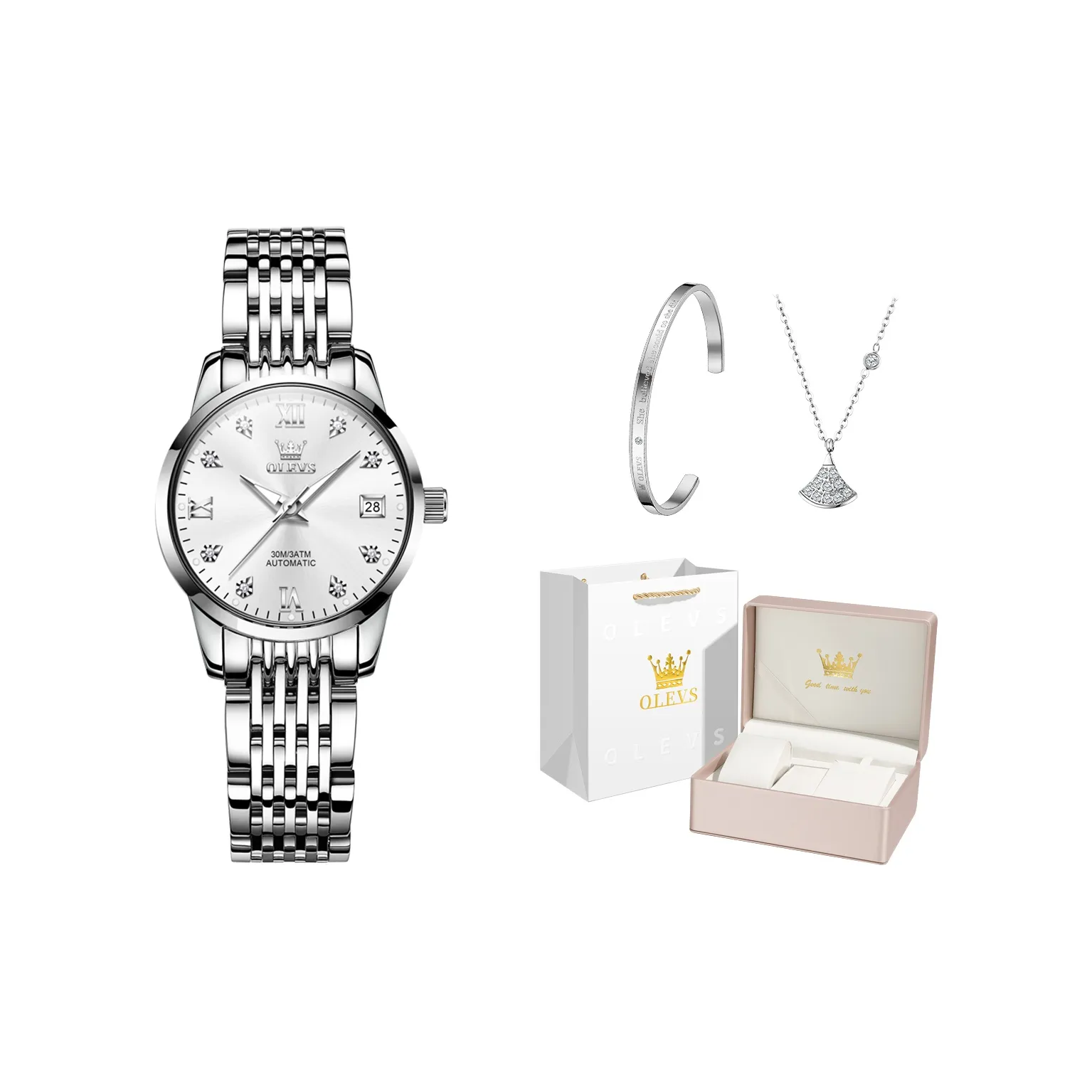 OLEVS Mechanical Movement Stainless Steel Watchband Watch Women's Watch White Dial