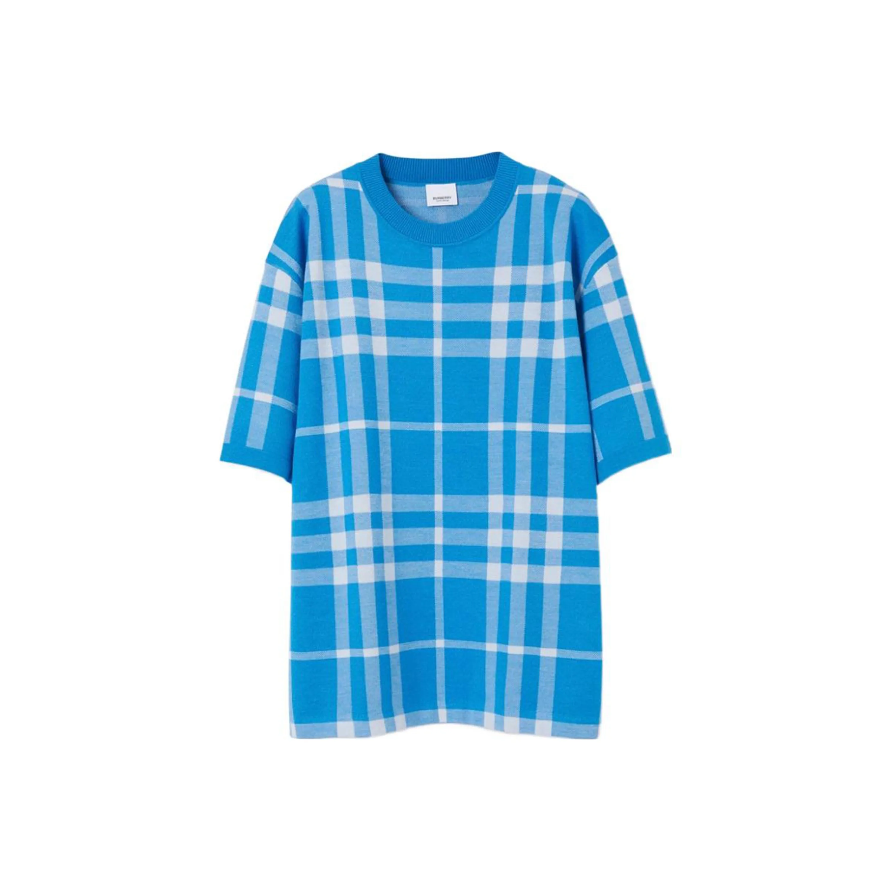 Burberry Plaid Jacquard Crew Neck Loose Fit Short Sleeved T Shirt Men's Vivid Blue