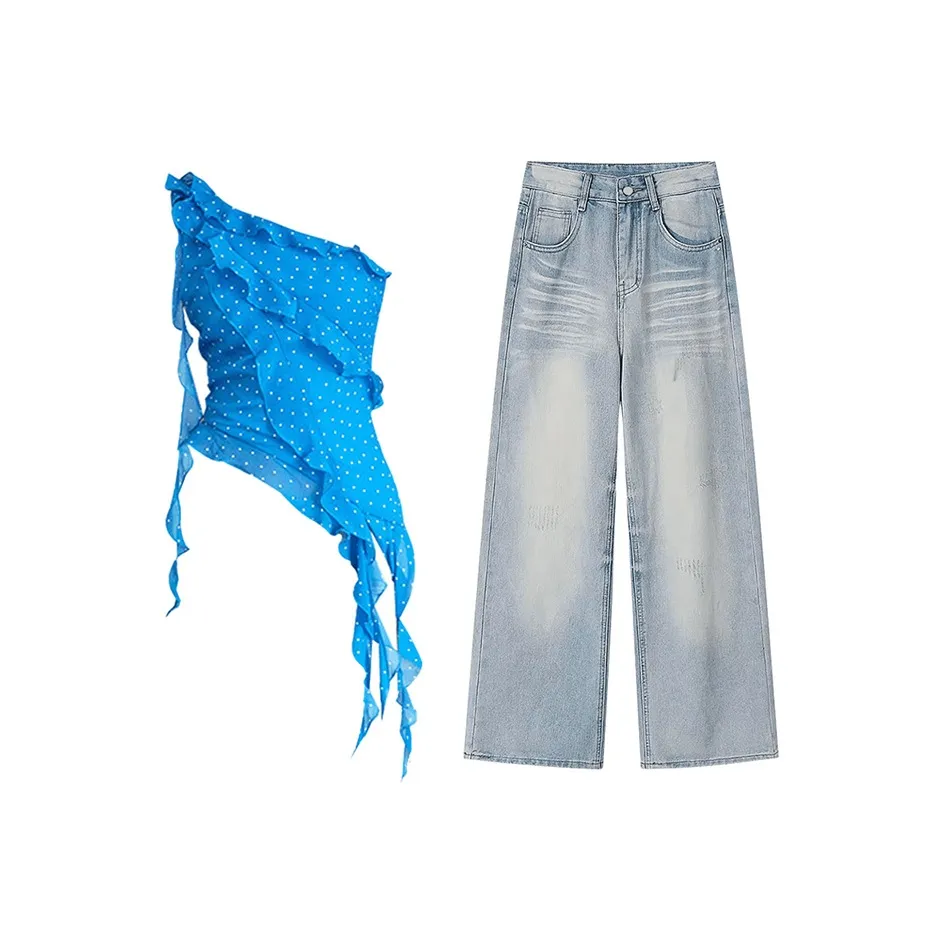 MARIE·COCO Синий топ + Джинсы Женские Повседневные костюмы