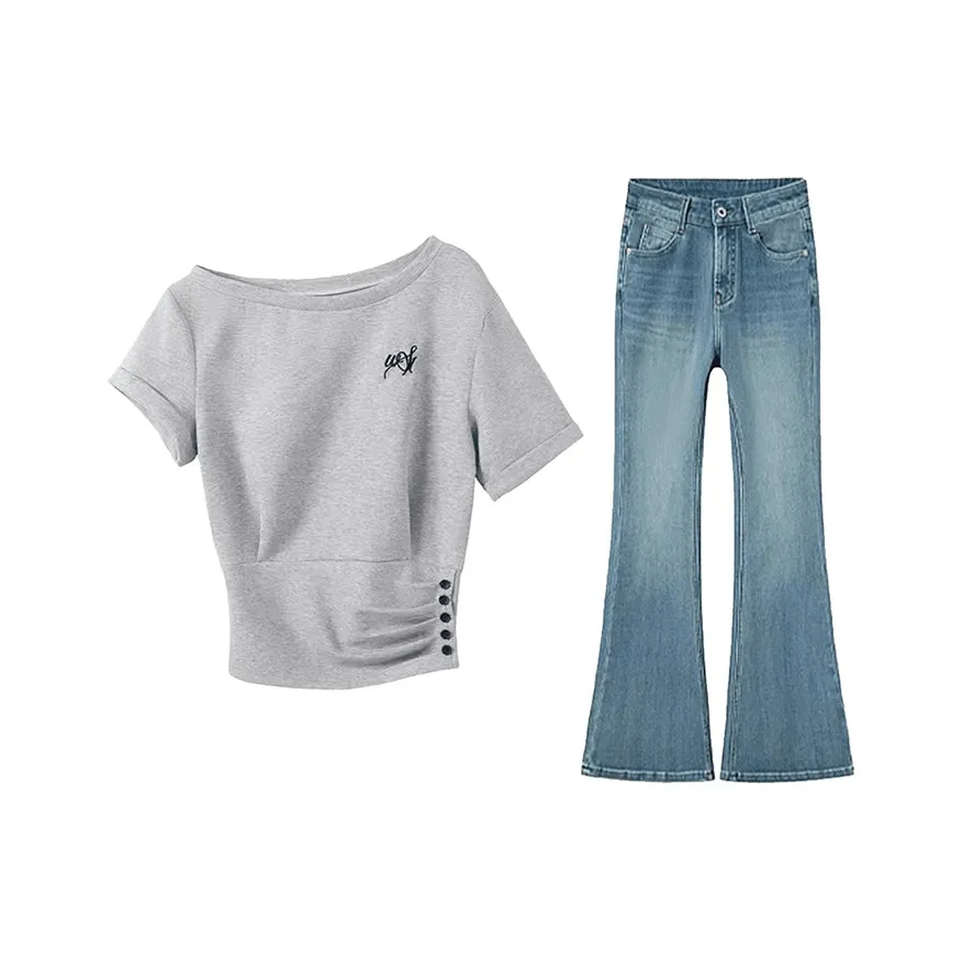 MARIE·COCO Серый топ + Джинсы Женские Повседневные костюмы