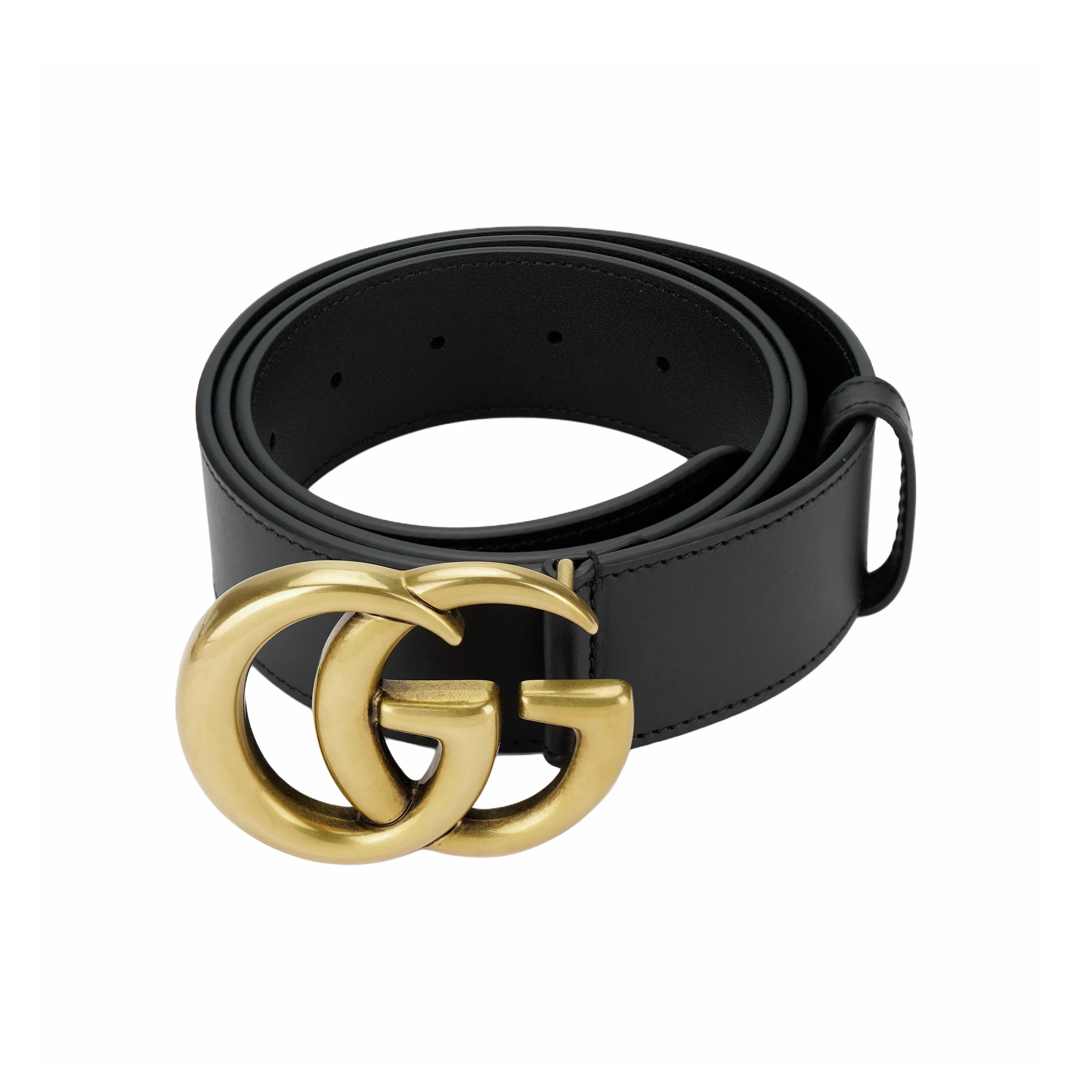 Gucci Double G Wide Leather Belt Antique Brass Buckle 1.5 Width Black Male