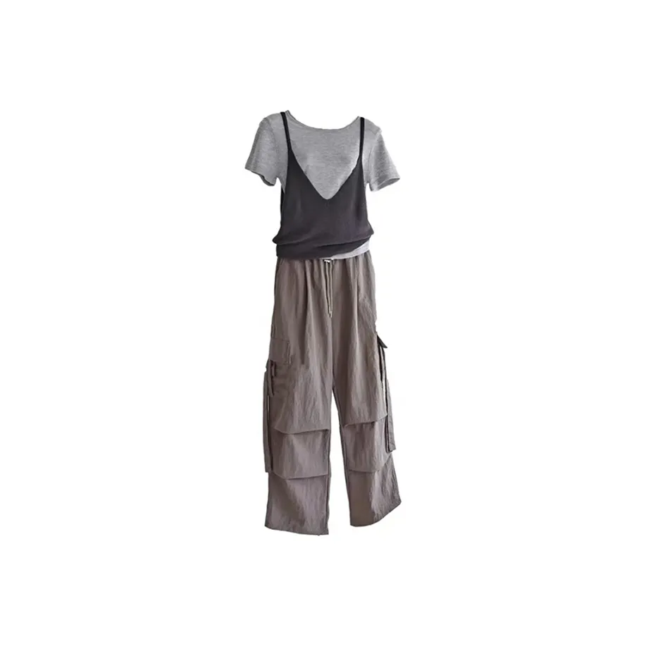 TIBINB Майка с бретелями + Короткий рукав рубашка + Карго штаны женские повседневные комплекты