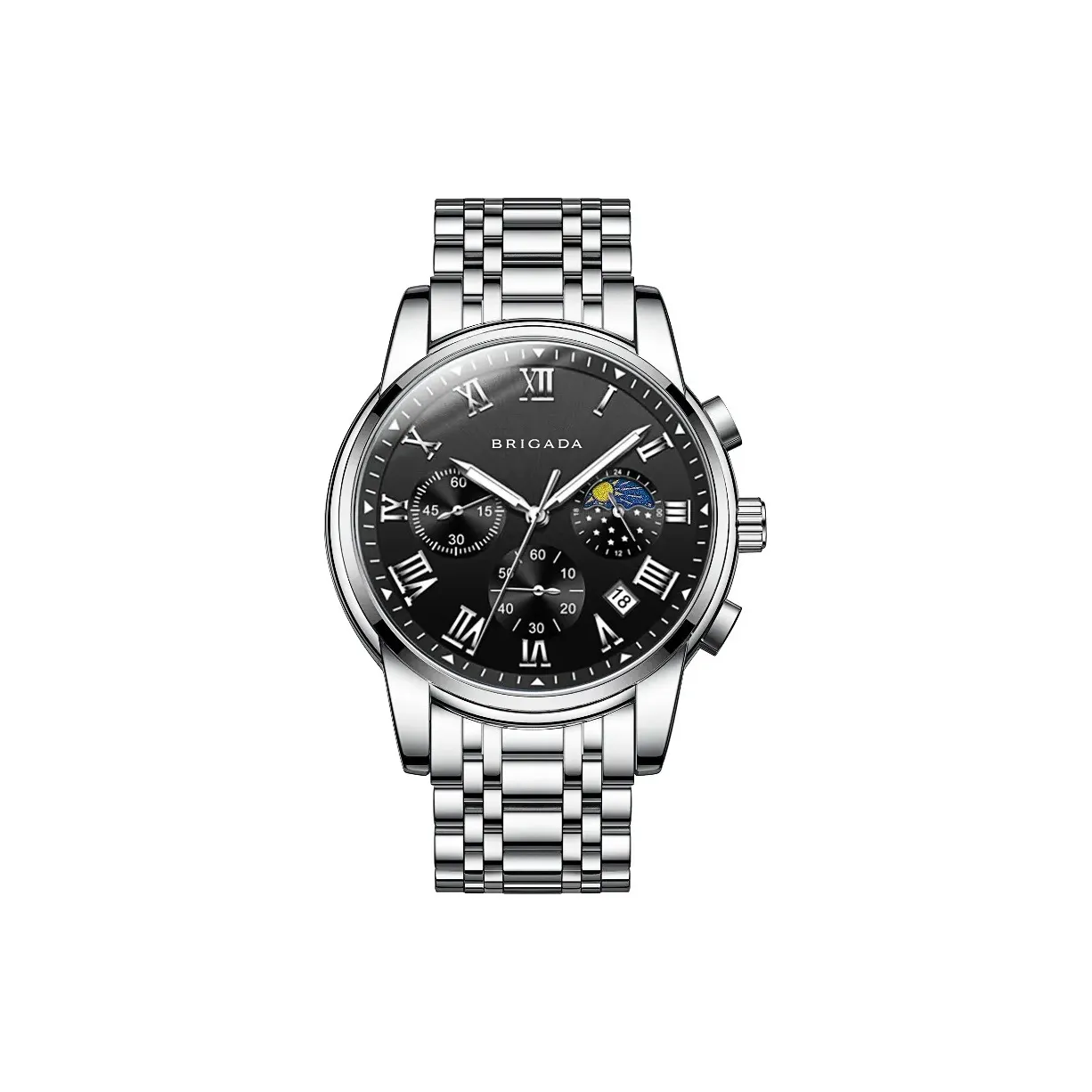 BRIGADA Commander Кварцевый механизм Стальной ремешок Часы Мужские Черный циферблат