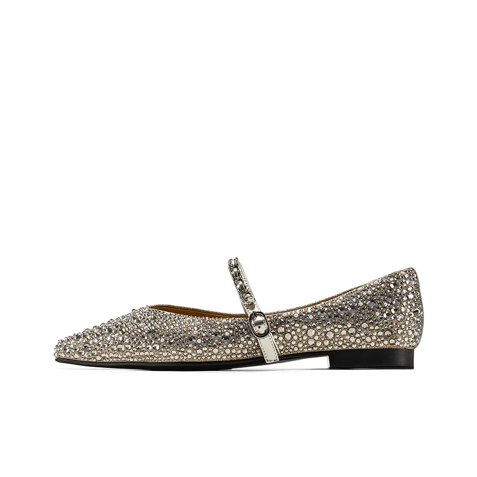 GG CC [Evening Soft Starry] Мода Балет Rhinestone Flat Mary Jane Women's Light Gold