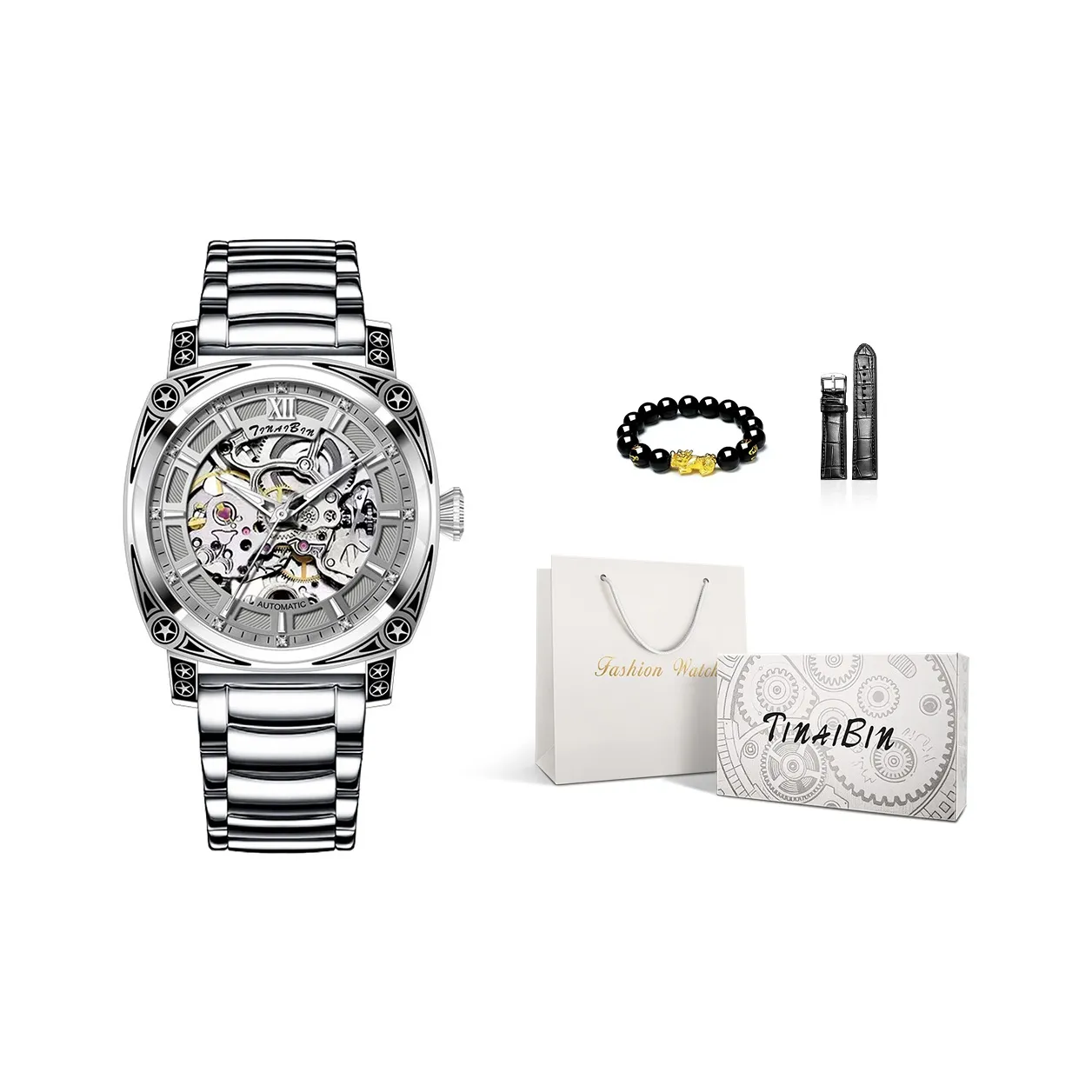 TINAIBIN Complex Броги Автоматический Механический Механизм Нержавеющая Сталь Ремешок Часы Мужские Часы Черепный Циферблат