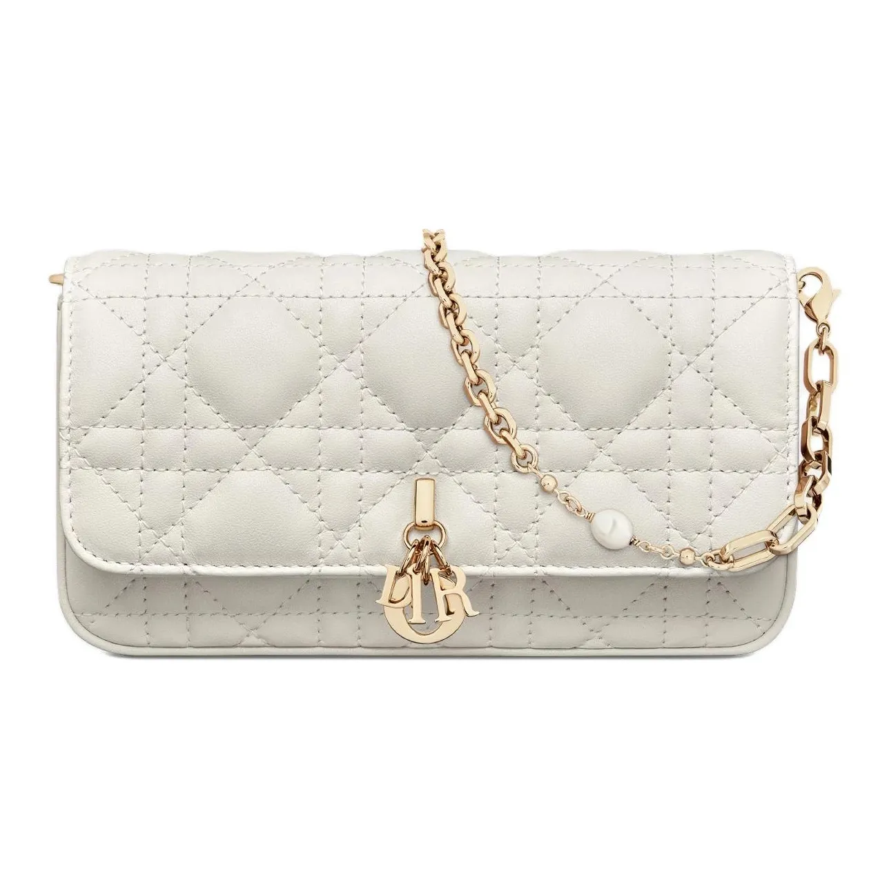 DIOR Lady Dior Wicker Pattern Sheepskin Clutch Shoulder Bag, Crossbody Bag, Cell Phone Pouch Women's White