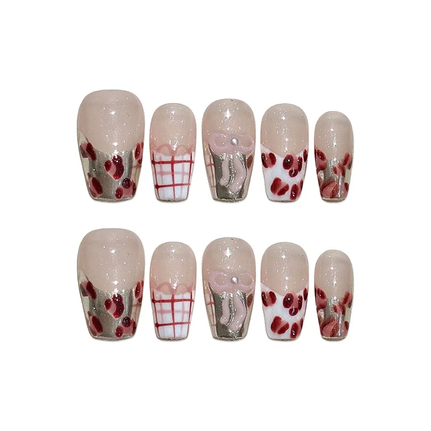 BDQC Сладкий стиль Леопардовый принт Кожа Ухаживающий High End 20 мм Фальшивый ногтик Короткий LADDER Розовый Градиентный Французский