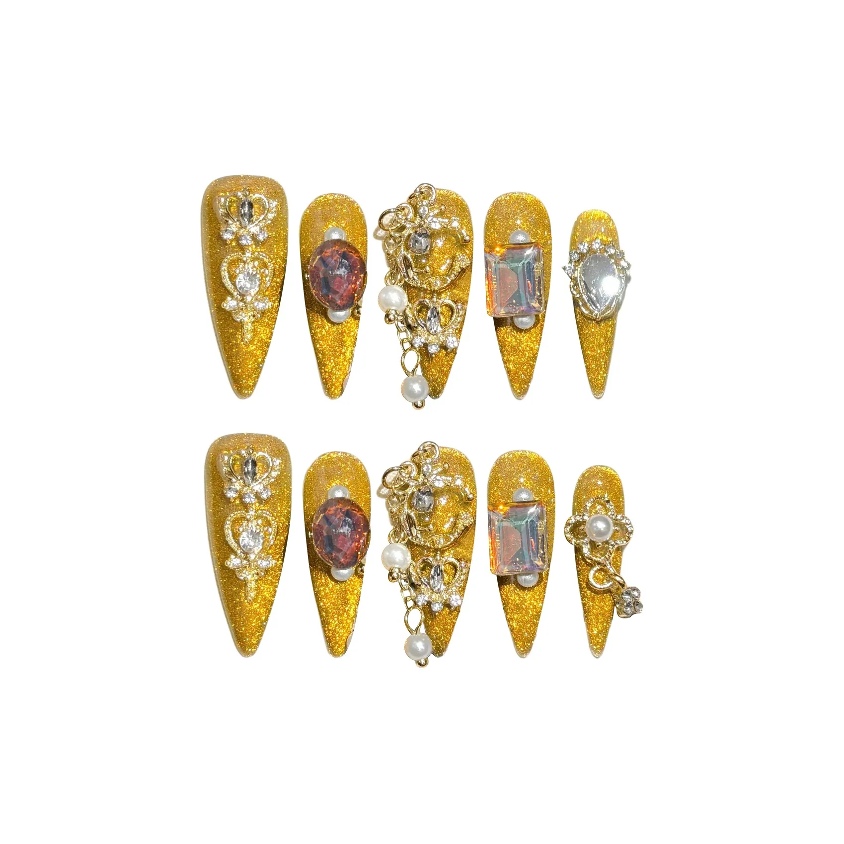 BDQC Luxury Style Сверкающий страз Осветляющий Nail Art 25 мм Искусственные ногти Миндаль Золотой Однотонный стиль Instagram