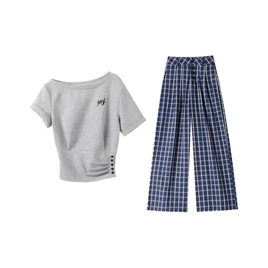 MARIE·COCO Серый топ + Клетчатые штаны Женские Повседневные костюмы