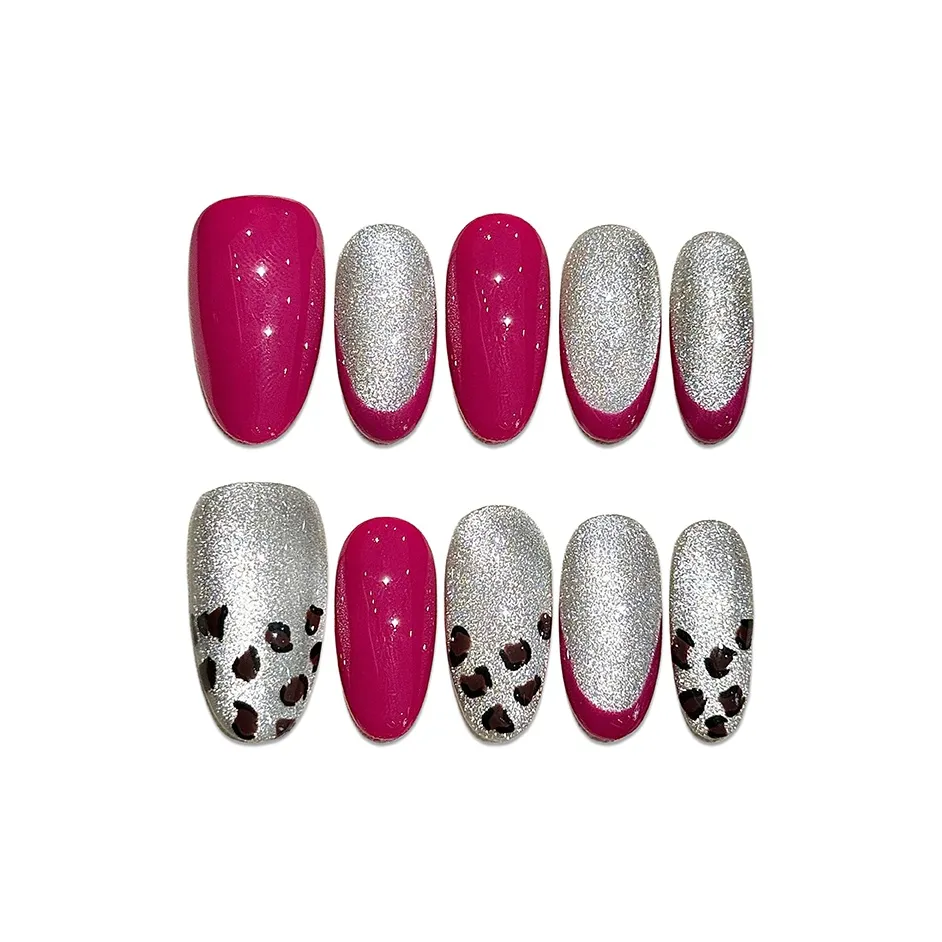 BDQC Мягкий Модный Кошачий глаз Леопардовый принт Кожа Привлекательный 20 мм Искусственный ногтик Миндаль Нежно-розовый Однотонный Стиль Instagram