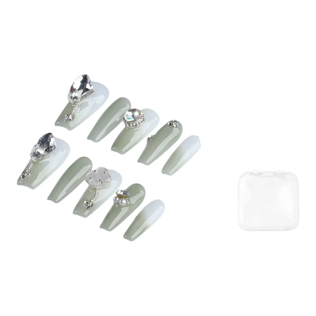 BDQC Tender Стиль феи Сверкающий страз Элегантность False Nail Средний LADDER Светло-зеленый Градиентный Стиль Instagram