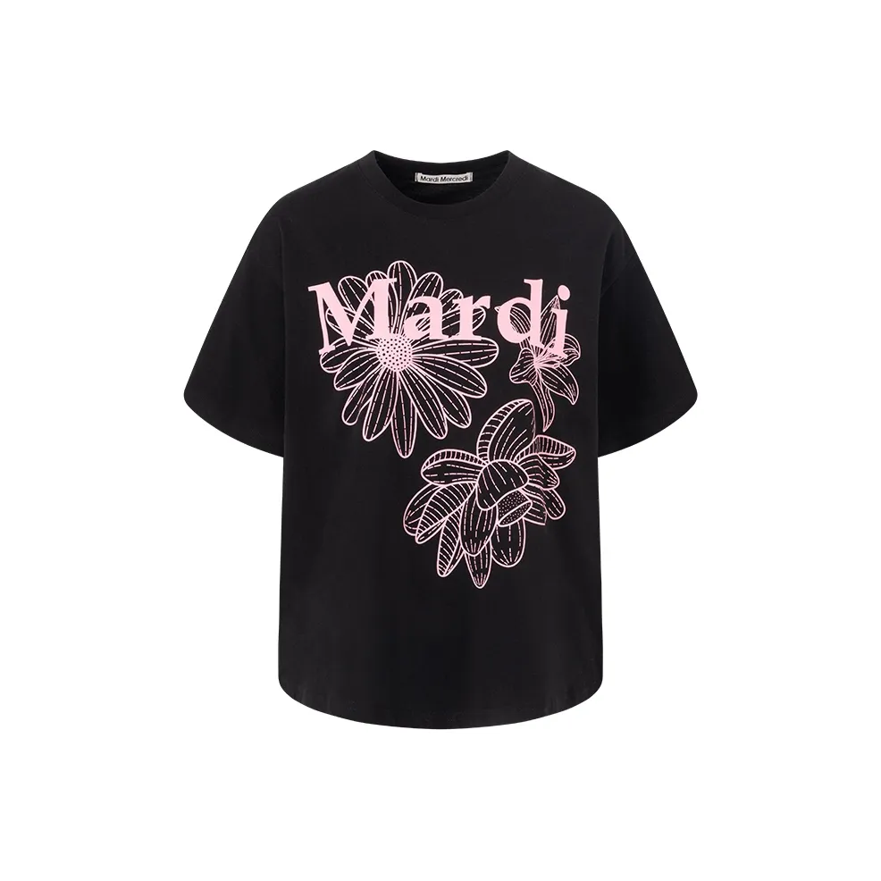 MARDI MERCREDI Three Flowers Collection SS25 T Shirt Women's Black Pink Korean Style