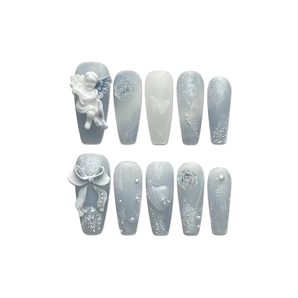 BDQC Матовый Ангел Гипсовый Кожа Флиртерная Ногтей Искусство 25мм Искусственные Ногти Средний ЛАДДЕР Синий Градиентный Стиль Инстаграм