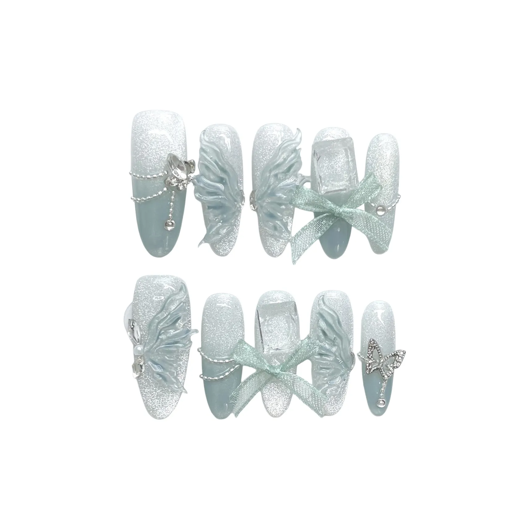 BDQC Фея Стиль Светло-Синий Бабочка Фея Осветляющий Ручная Работа Nail Art 25 мм Искусственный Ногтик Миндально-Зеленый Градиент Милый