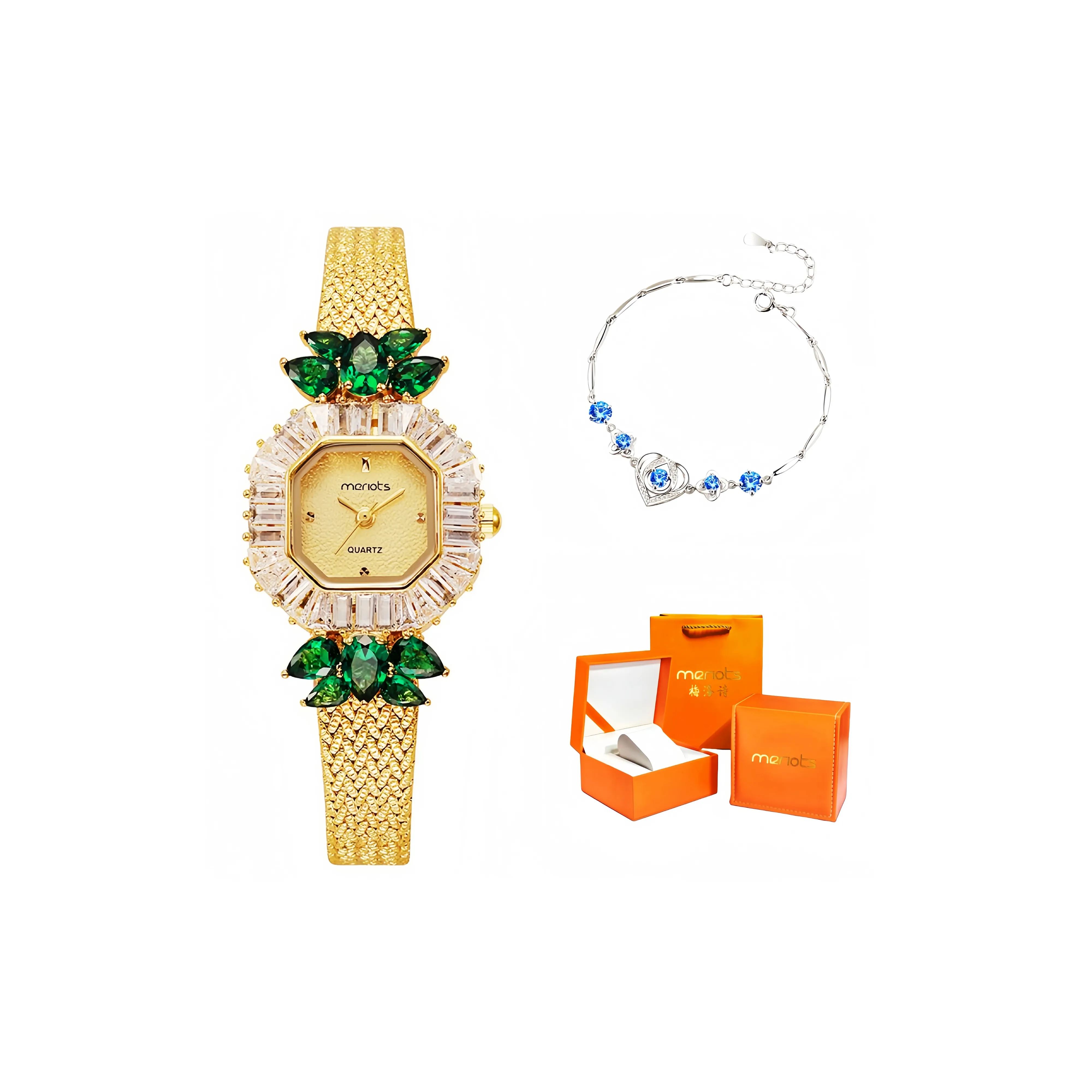 Merlots Кварцевый механизм нержавеющая сталь ремешок женские часы золотой циферблат