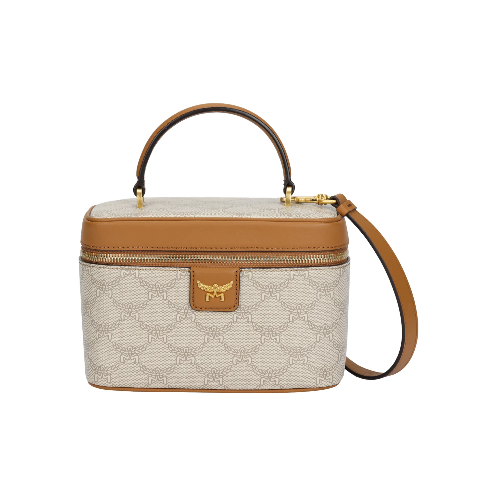 MCM Canvas With Nappa Leather Trim Makeup Bag, Handbag, Shoulder Bag, Crossbody Bag Trumpets Women's Beige