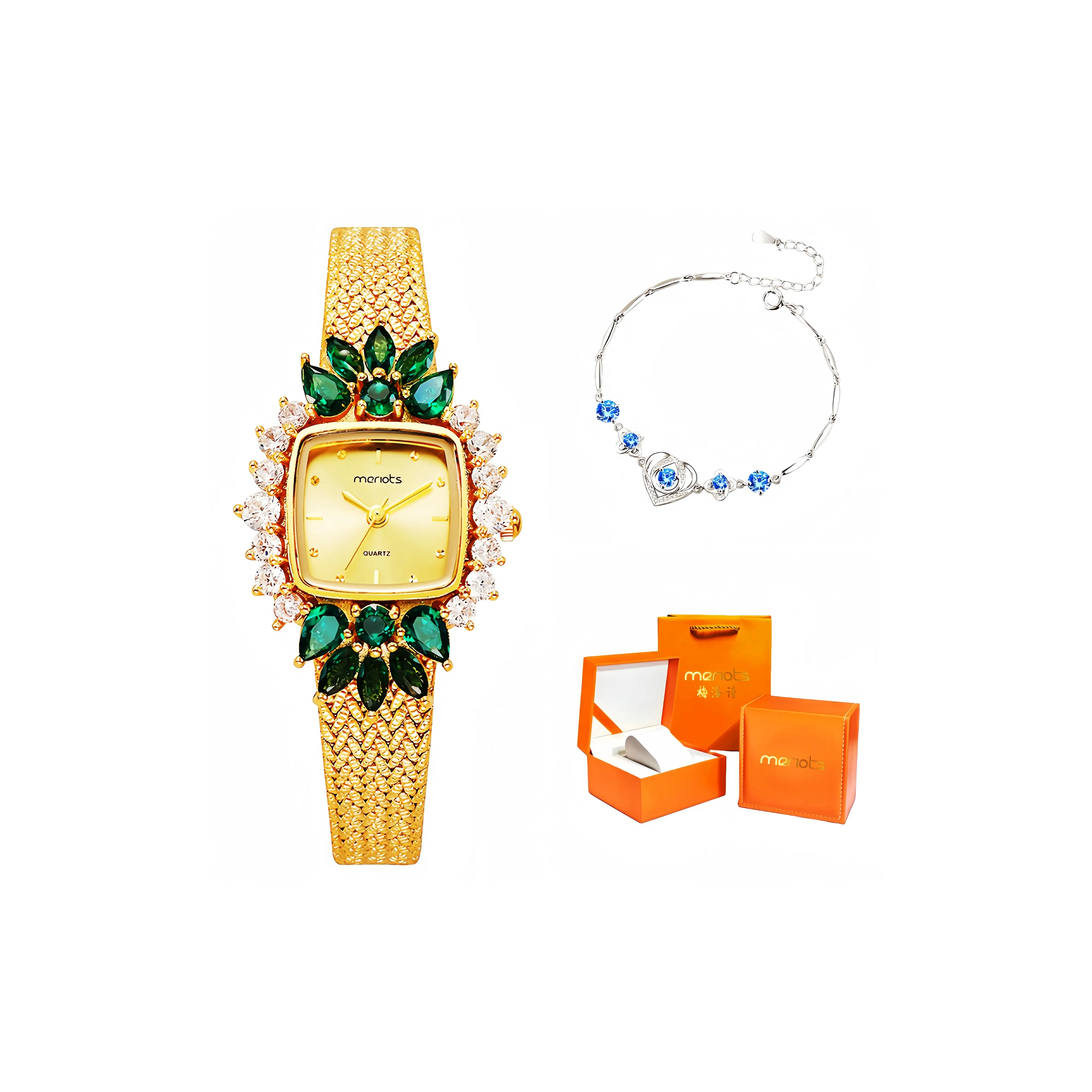 Merlots Кварцевый механизм нержавеющая сталь ремешок женские часы золотой циферблат