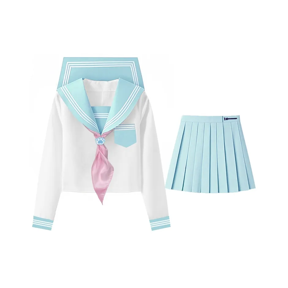 ZHIBANCHENG Ледяной Синий THREE Пуговица Длинный Рукав Топ + 42CM Короткая Юбка + Ярко-Розовый Шарф + Синий Пуговица Ремень Женские Юбка Комплект