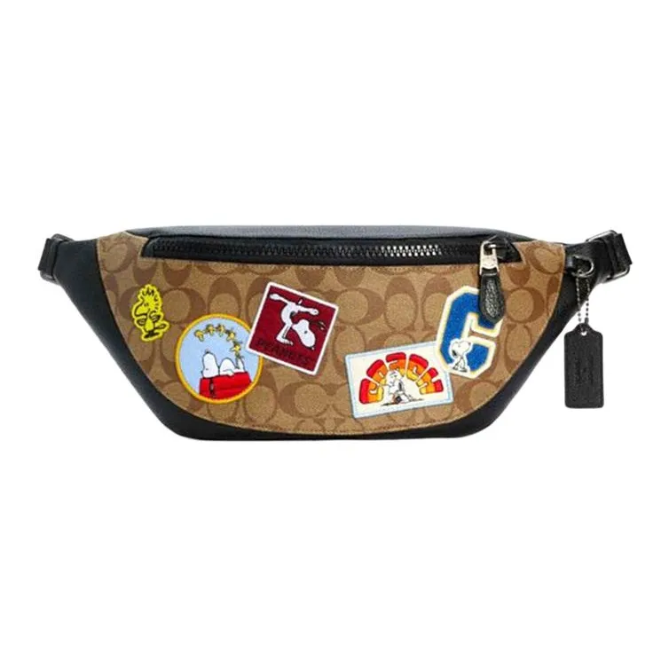 COACH Peanuts Snoopy Collaboration Warren Canvas With Leather Fanny Pack Tubas Men's Khaki Monogram & Black