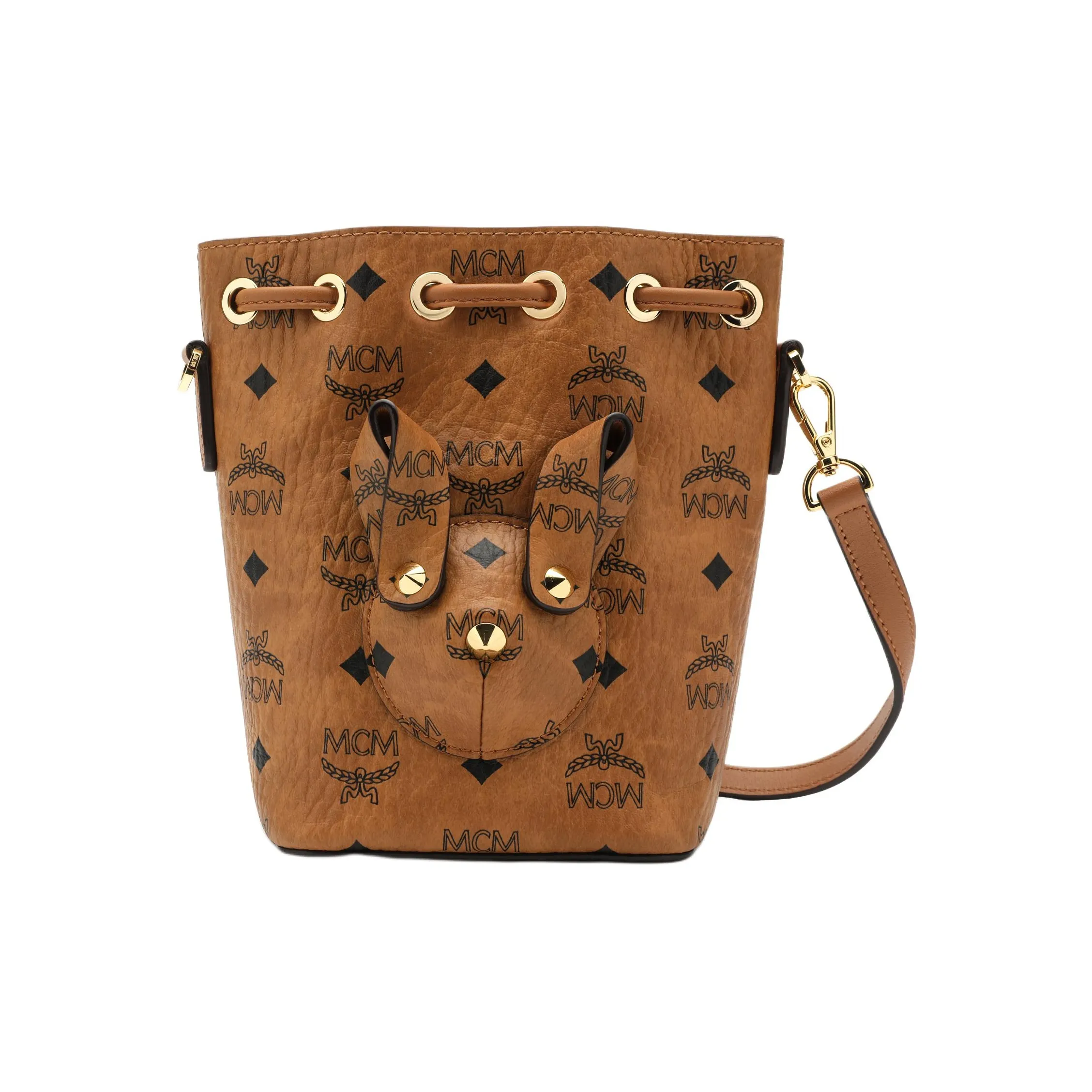 MCM Visetos Nappa Leather Bucket Bags Crossbody Bag, Shoulder Bag Extra Mini Women's Brown Cognac