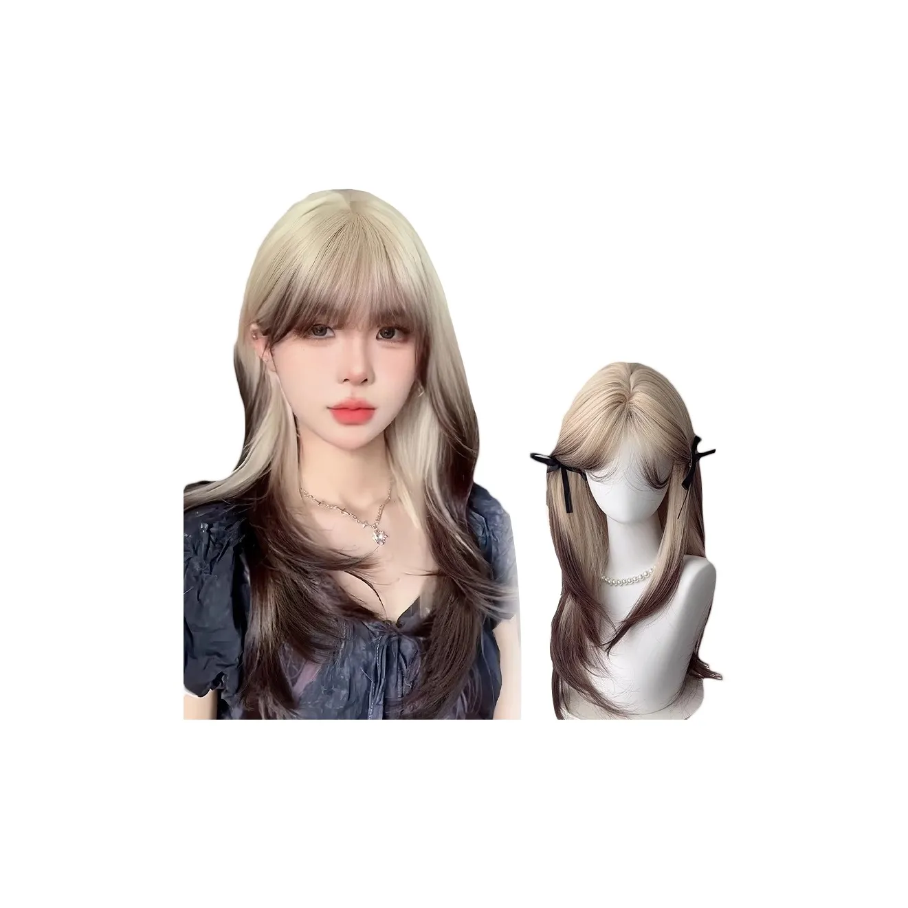 QIYEXUE Siamese Cat Collection Черный золото градиентный High End Женская парик Высокая температура Пряжа Длинные прямые волосы