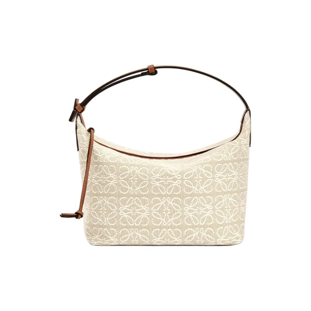 LOEWE CubiAnagram Fabric With Cow Leather Lunch Bag, One Shoulder Handbag Medium Size Women's Ecru/Umber
