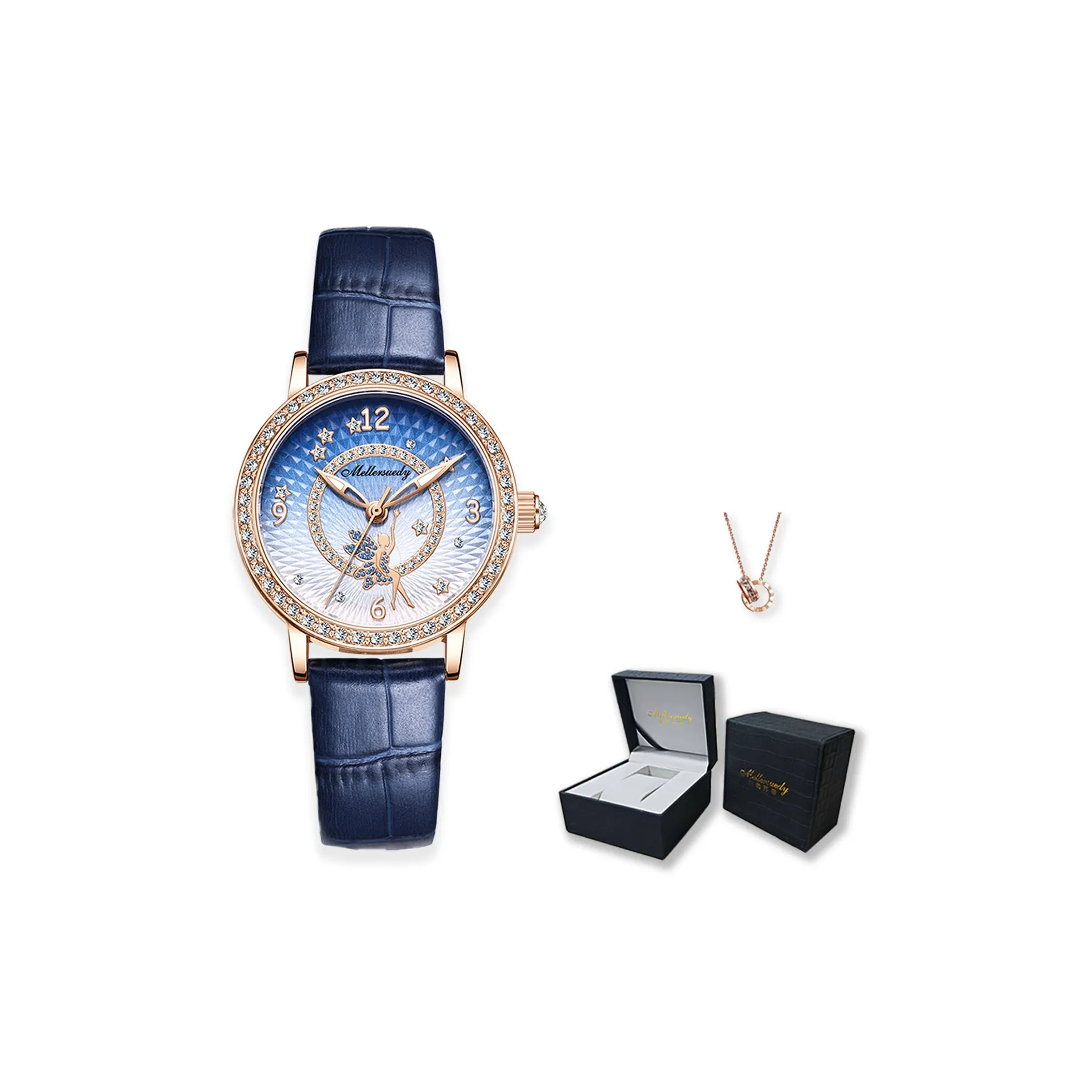 MELLERSUEDY Date Goddess Collection Механический механизм Коровья кожа Ремень Часы Женские часы Синий циферблат