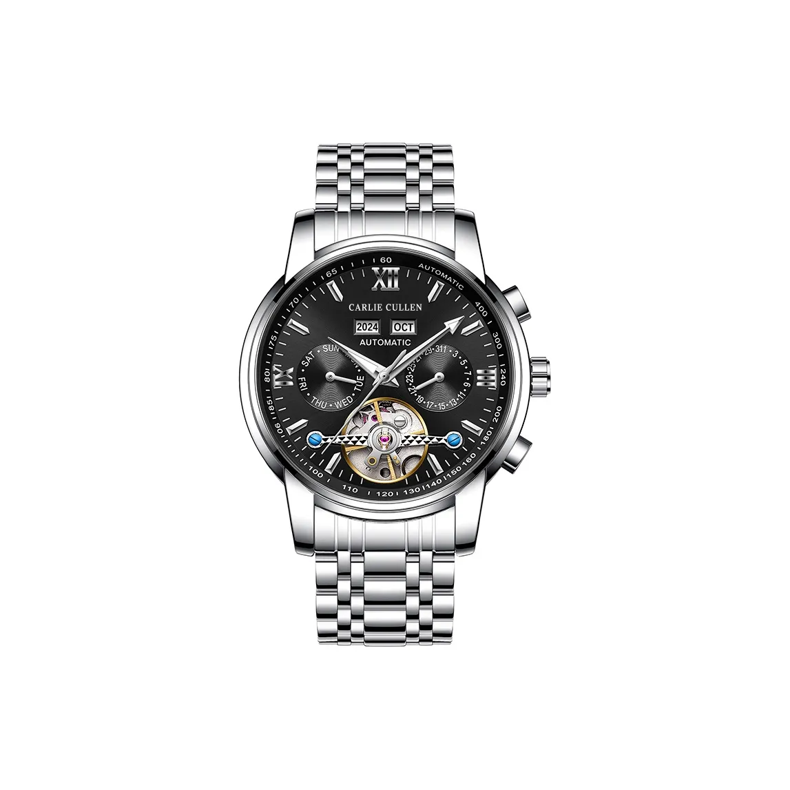 CARLIECULLEN Автоматический Механический Механизм Нержавеющая Сталь Ремешок Часы Мужские Черный Циферблат