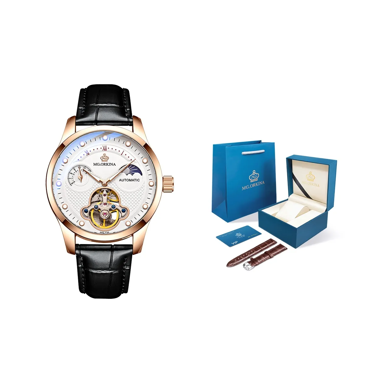 MG.ORKINA MG Механическое устройство часы с ремешком из коровьей кожи белый циферблат мужские часы