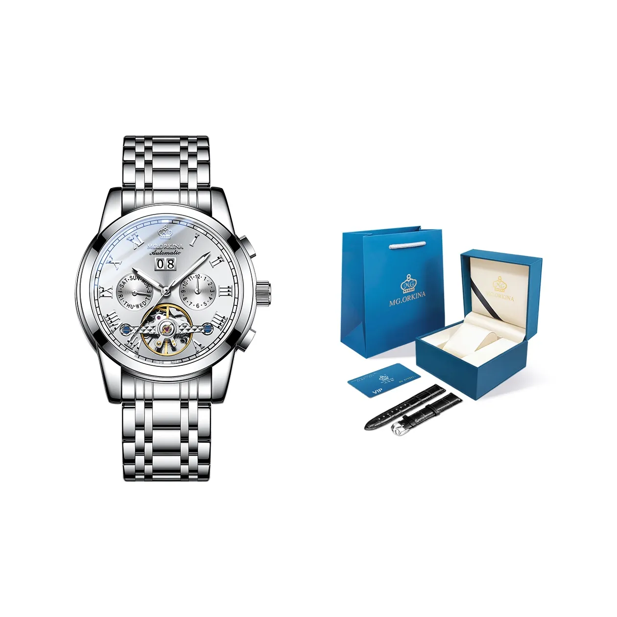 MG.ORKINA MG Коллекция Механический механизм Нержавеющая сталь Ремешок Часы Мужские Часы Синий циферблат