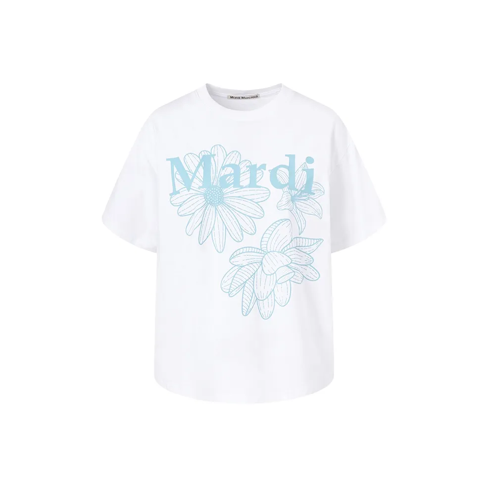 MARDI MERCREDI Three Flowers Collection SS25 T Shirt Women's White/Sky Blue Korean Style