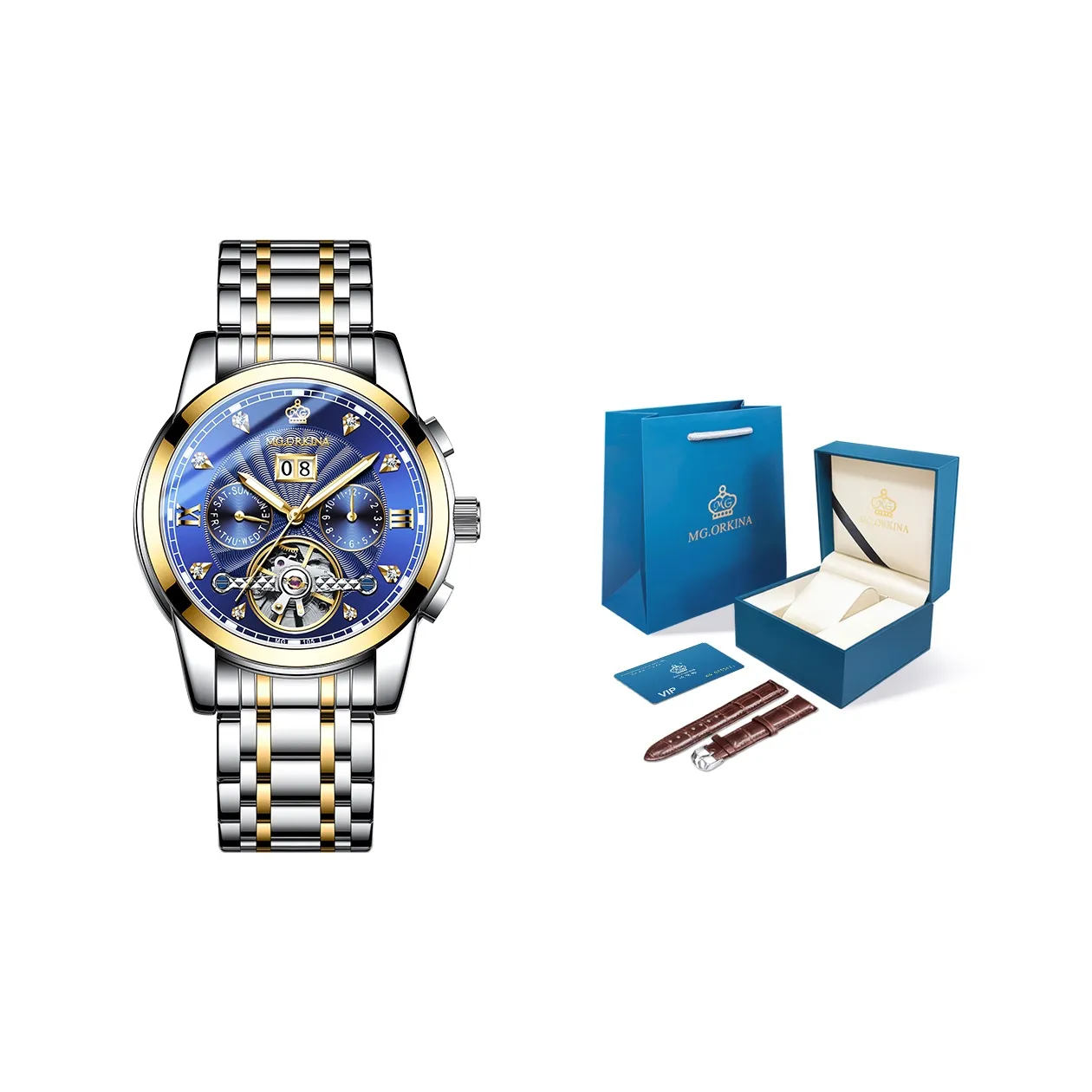 MG.ORKINA MG Механический механизм ремешок из нержавеющей стали черный циферблат мужские часы