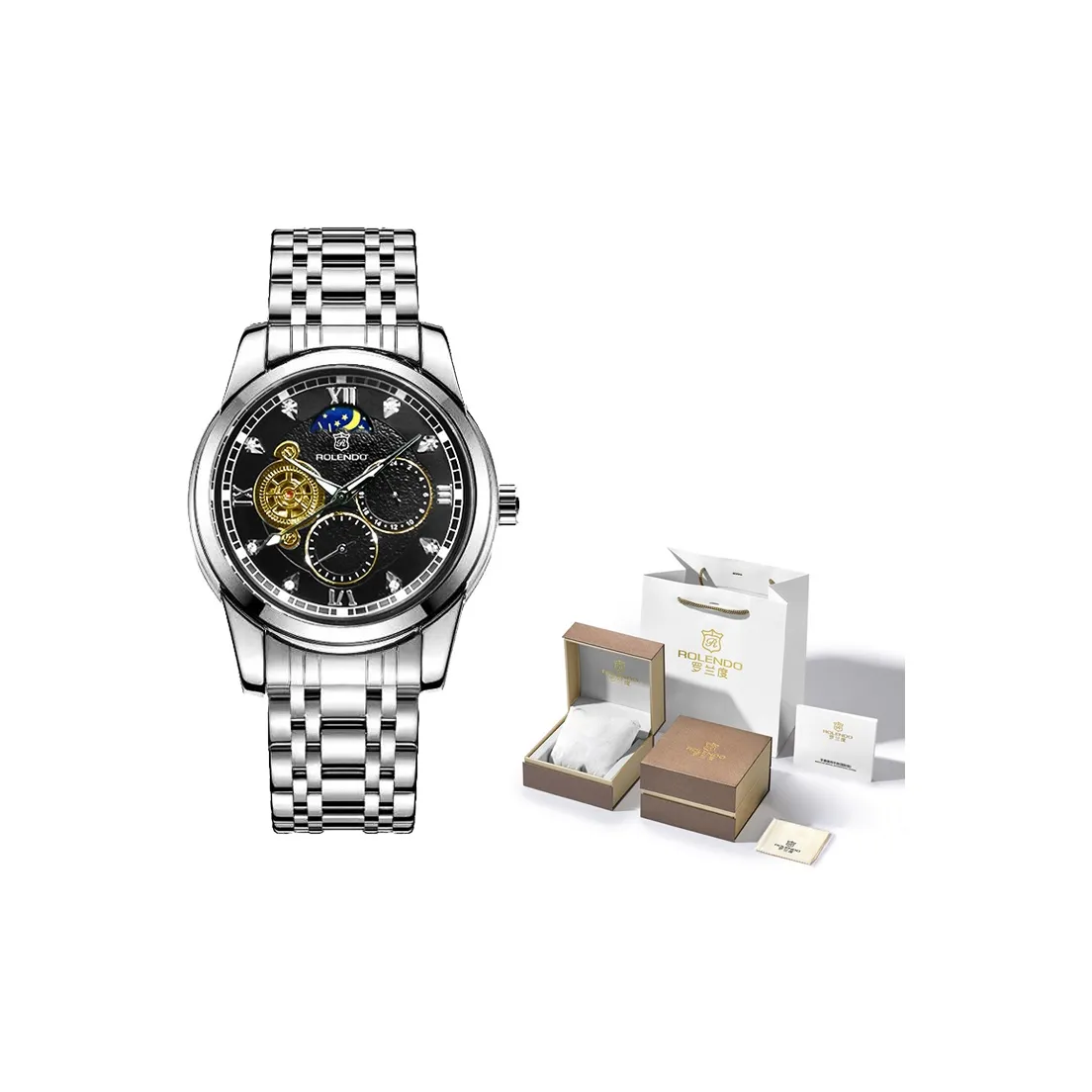 ROLENDO R Tide Play Series Механический механизм ремешок из нержавеющей стали черный циферблат мужские часы
