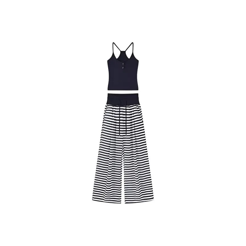 HUINIAN Синий топ + Белые полосы Широкие брюки Женские Повседневные костюмы