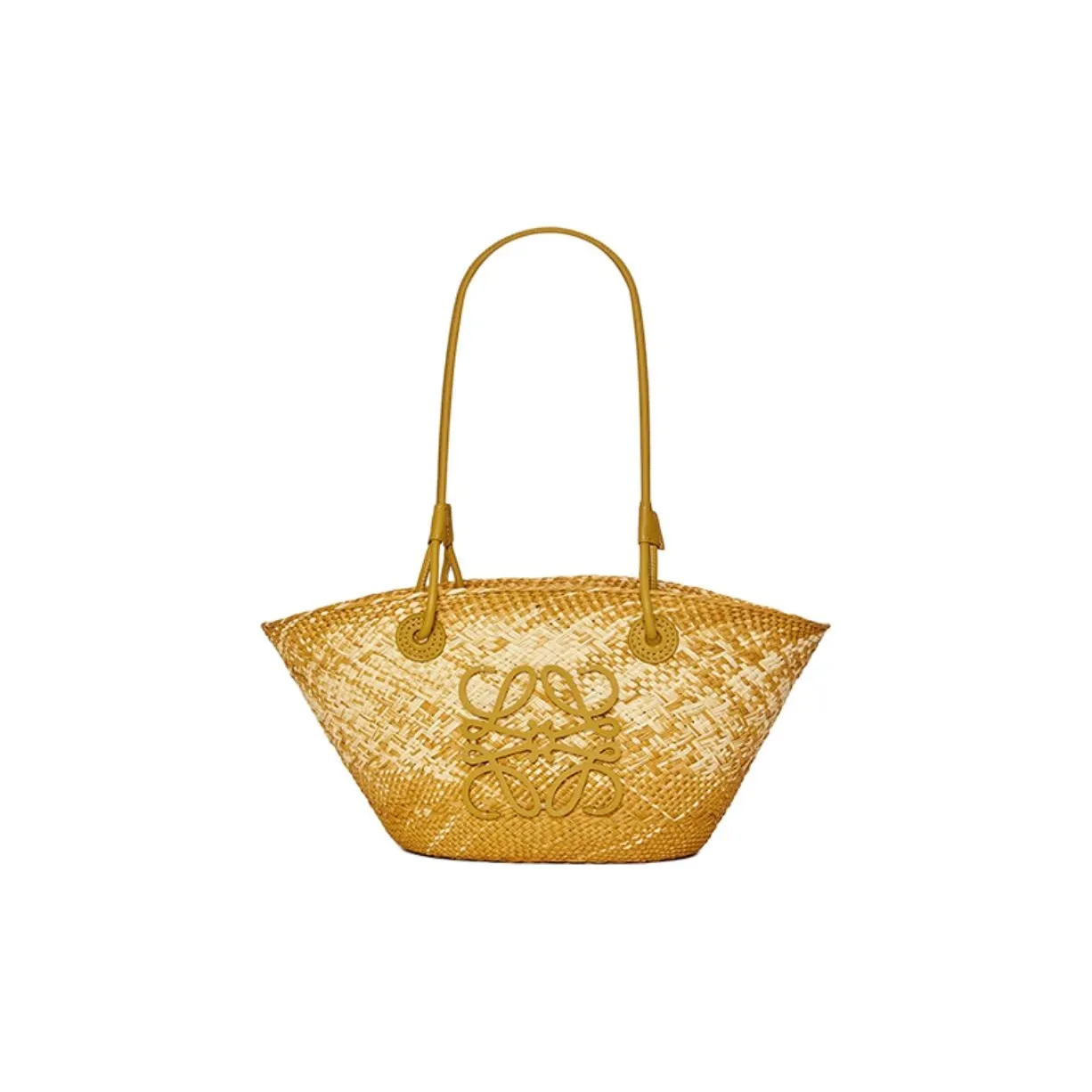 LOEWE Anagram Basket Iraqa Palm Fiber Cow Leather Patchwork Handbag Shoulder Bag Women's Ochre