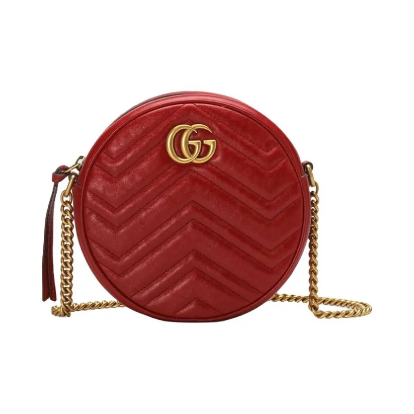 GUCCI Marmont Leather Round Bag, Chain Crossbody Bag, Shoulder Bag Mini Women's Red